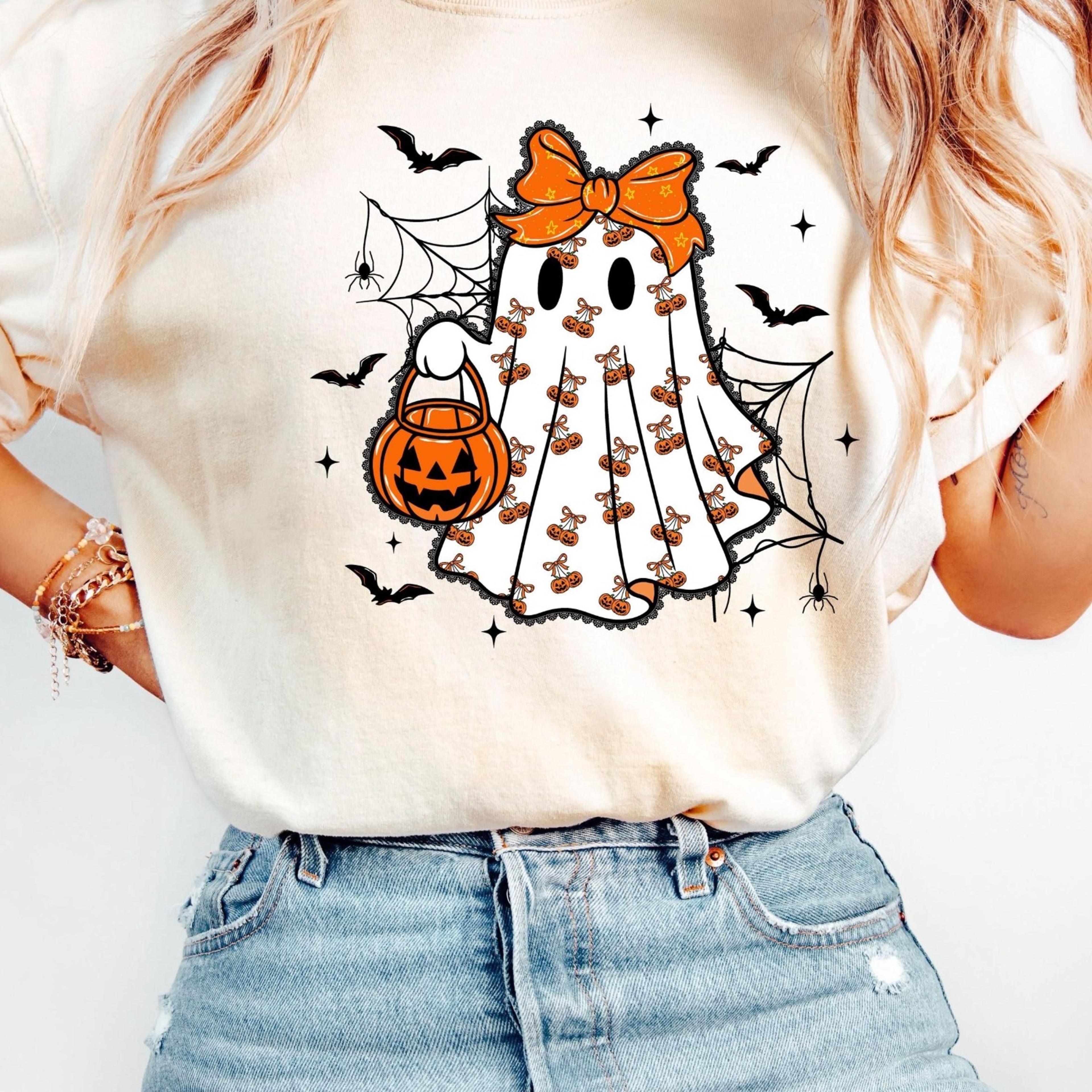 pumpkin cherries t-shirt, coquette bow ghost shirt, ghost shirt, pumpkin fall shirt, pumpkin fall shirt
