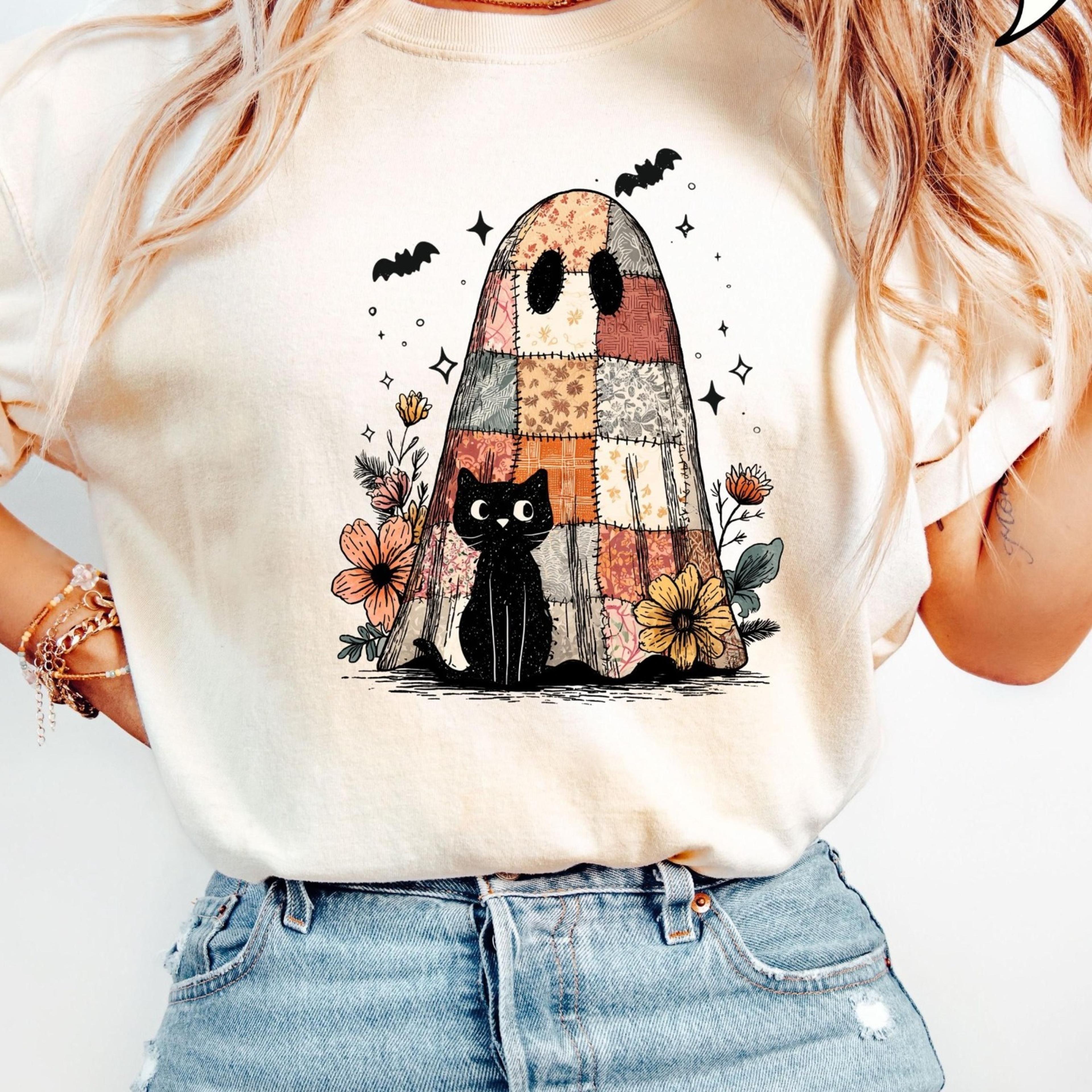 cute patchwork ghost t-shirt, ghost and cat shirt, halloween cat shirt, floral ghost shirt, patchwork ghost tee