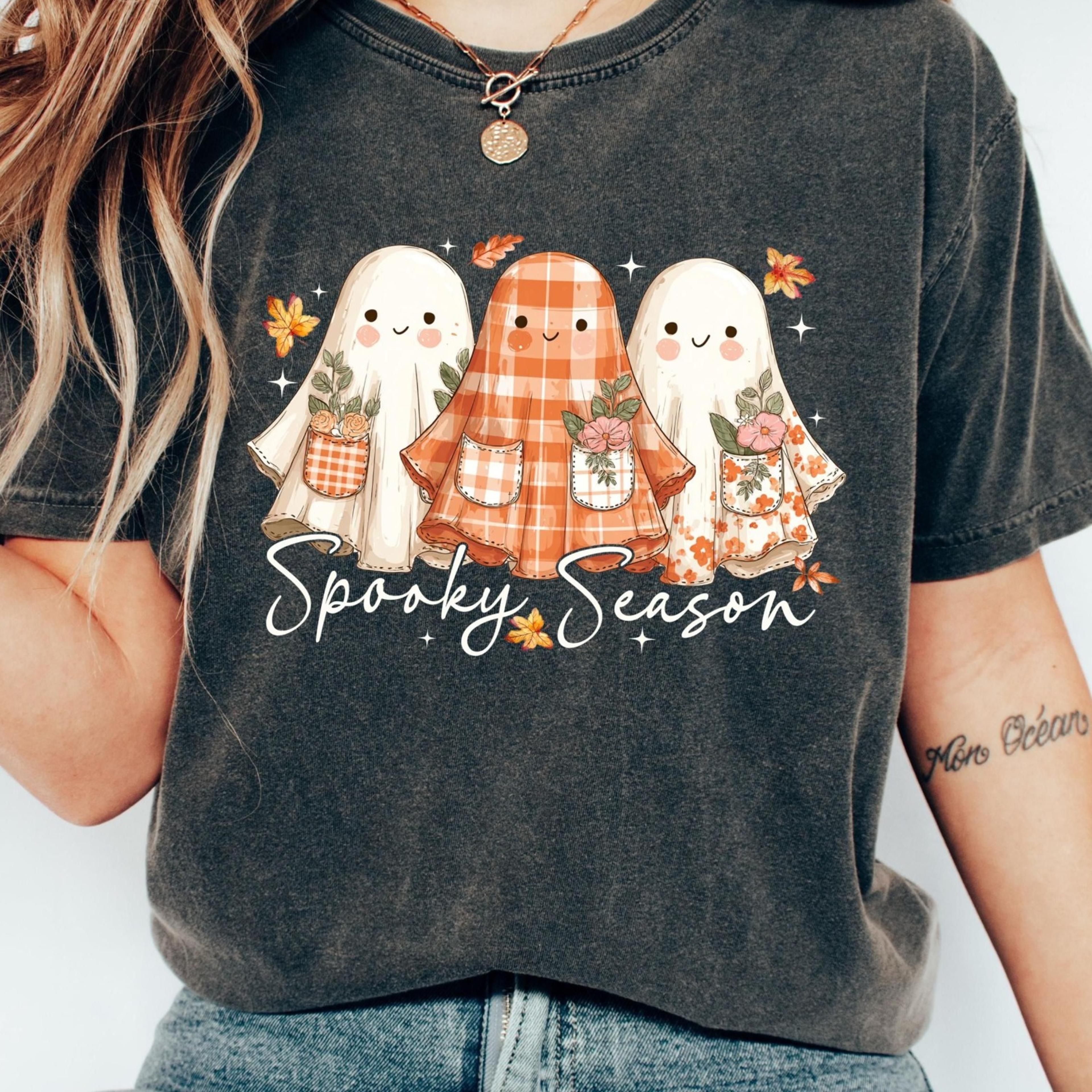 spooky season ghost shirt, floral ghost t-shirt, patchwork ghost shirt, autumn ghost shirt, halloween fall shirt