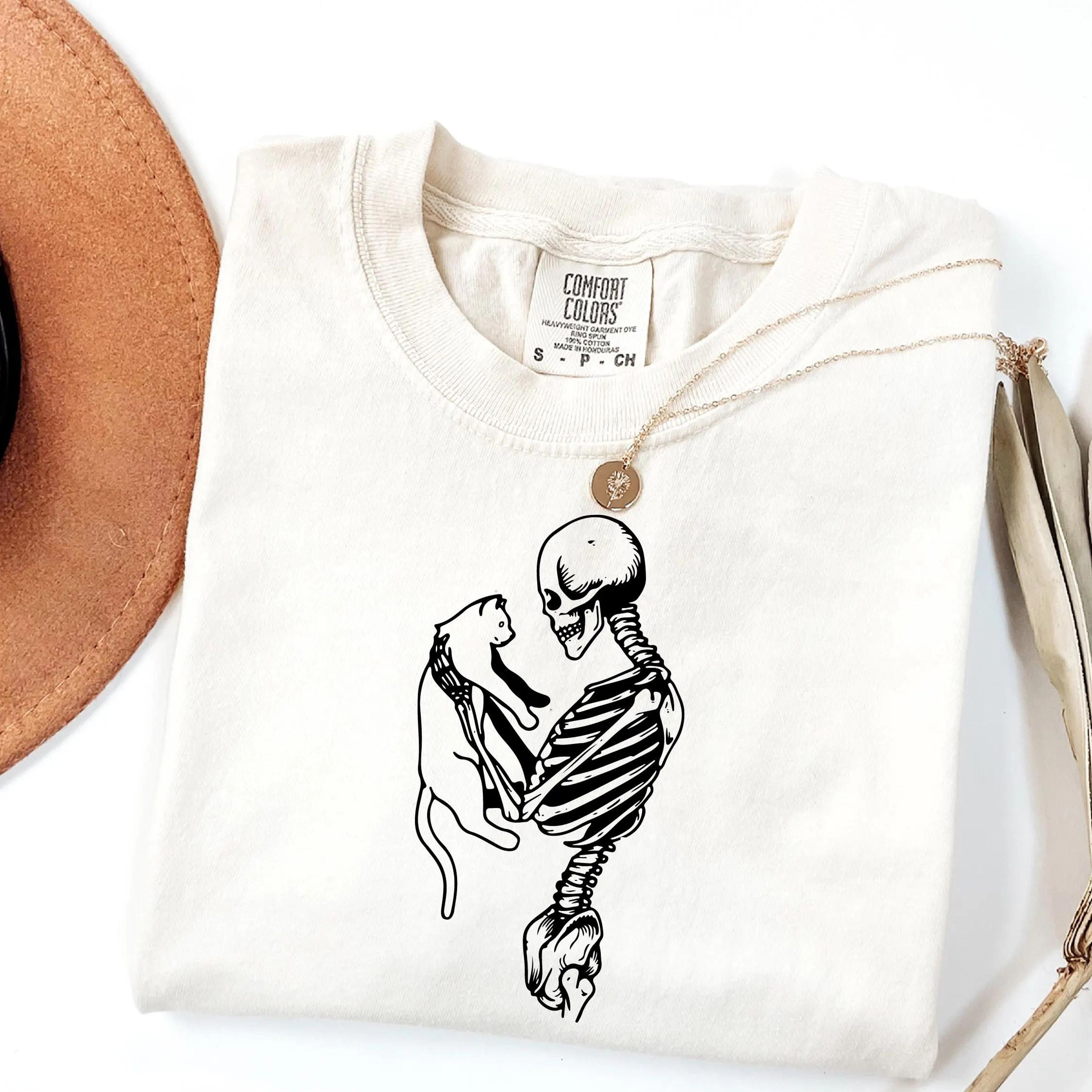 halloween skeleton and cat shirt cute spooky graphic tee