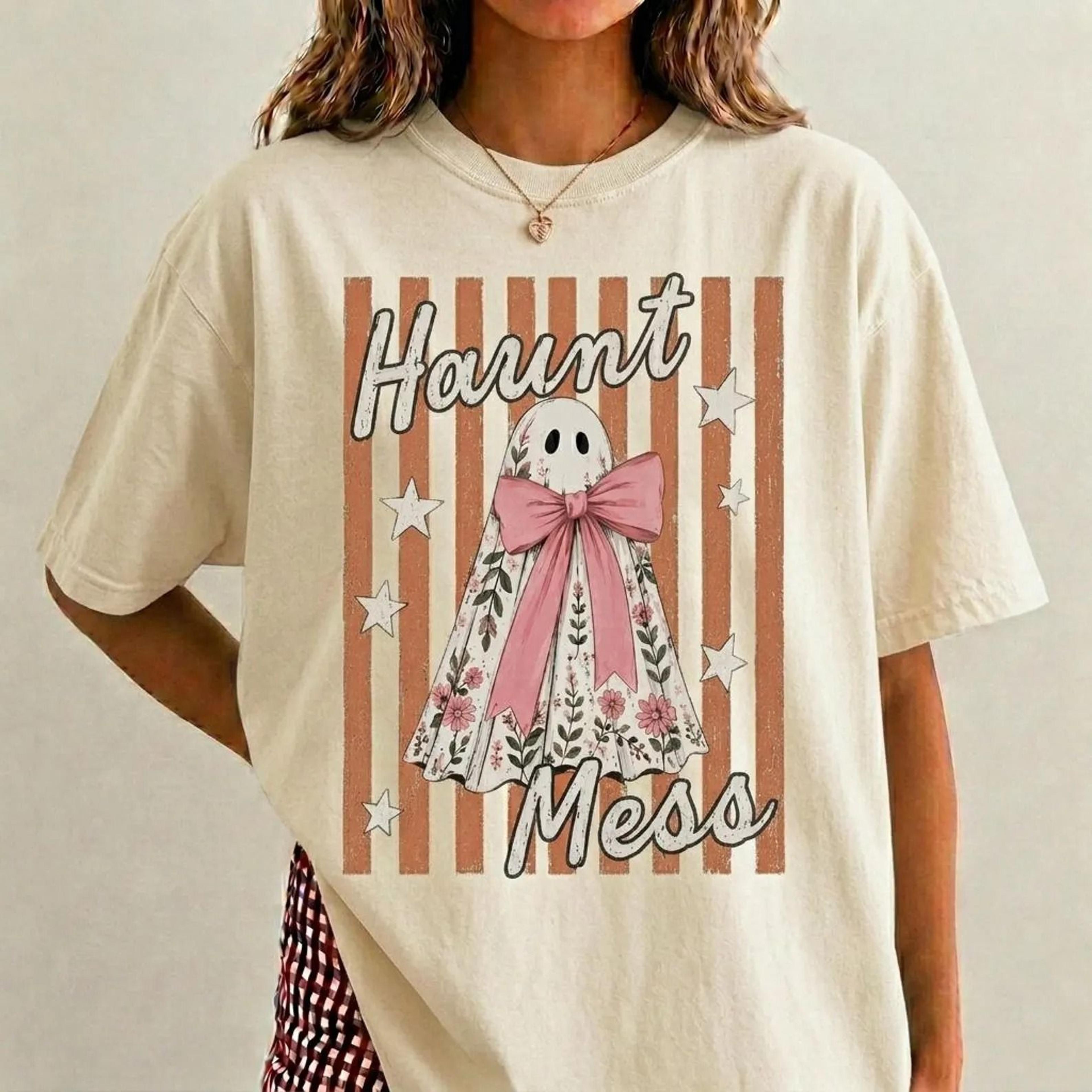 haunt mess ghost shirt, funny halloween shirt, spooky season shirt, trendy halloween vibe tee, preppy striped halloween