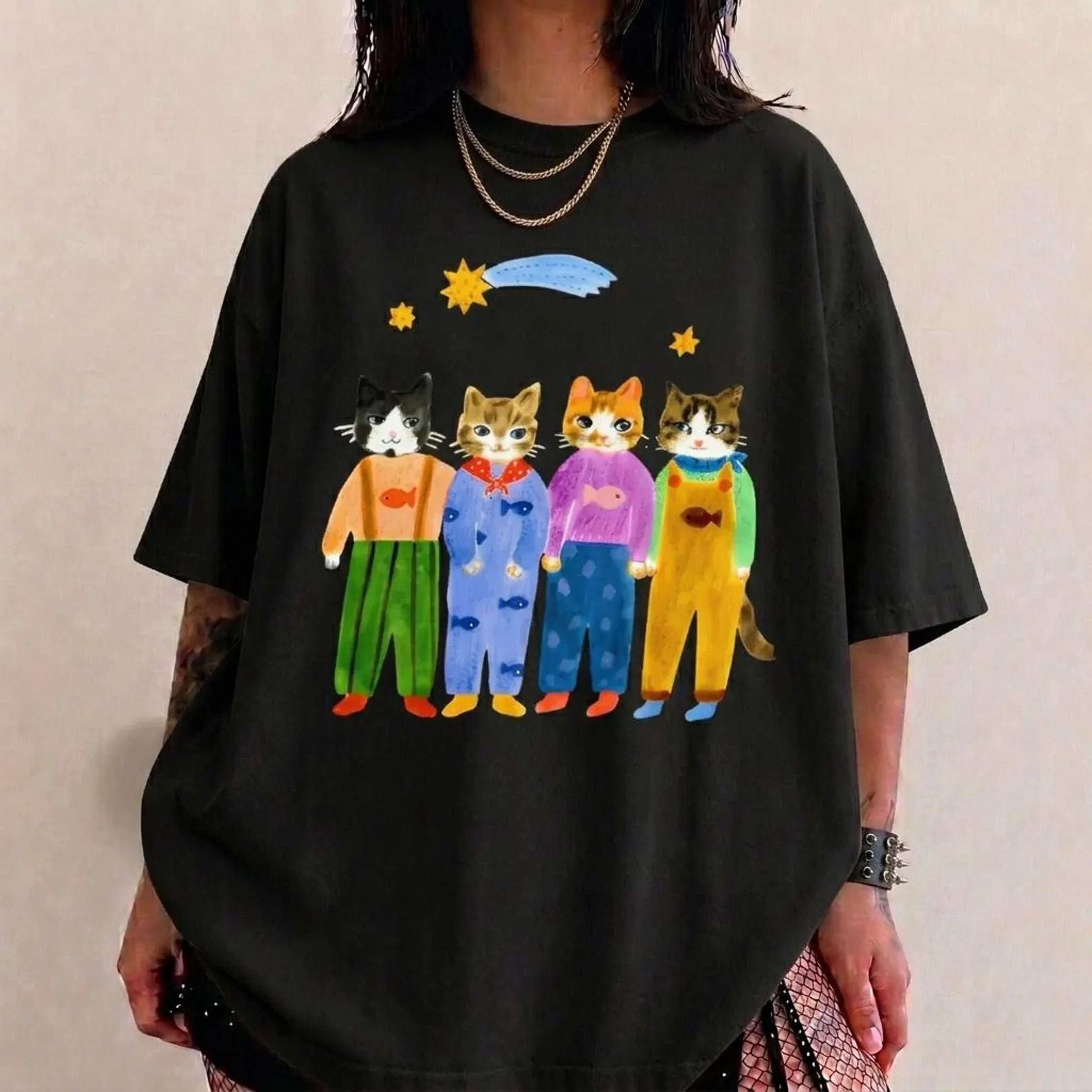 hand painted funny cats, 90s graphic tees, cute cat lover shirt, whimsical cat graphic tee, colorful cat art t-shirt