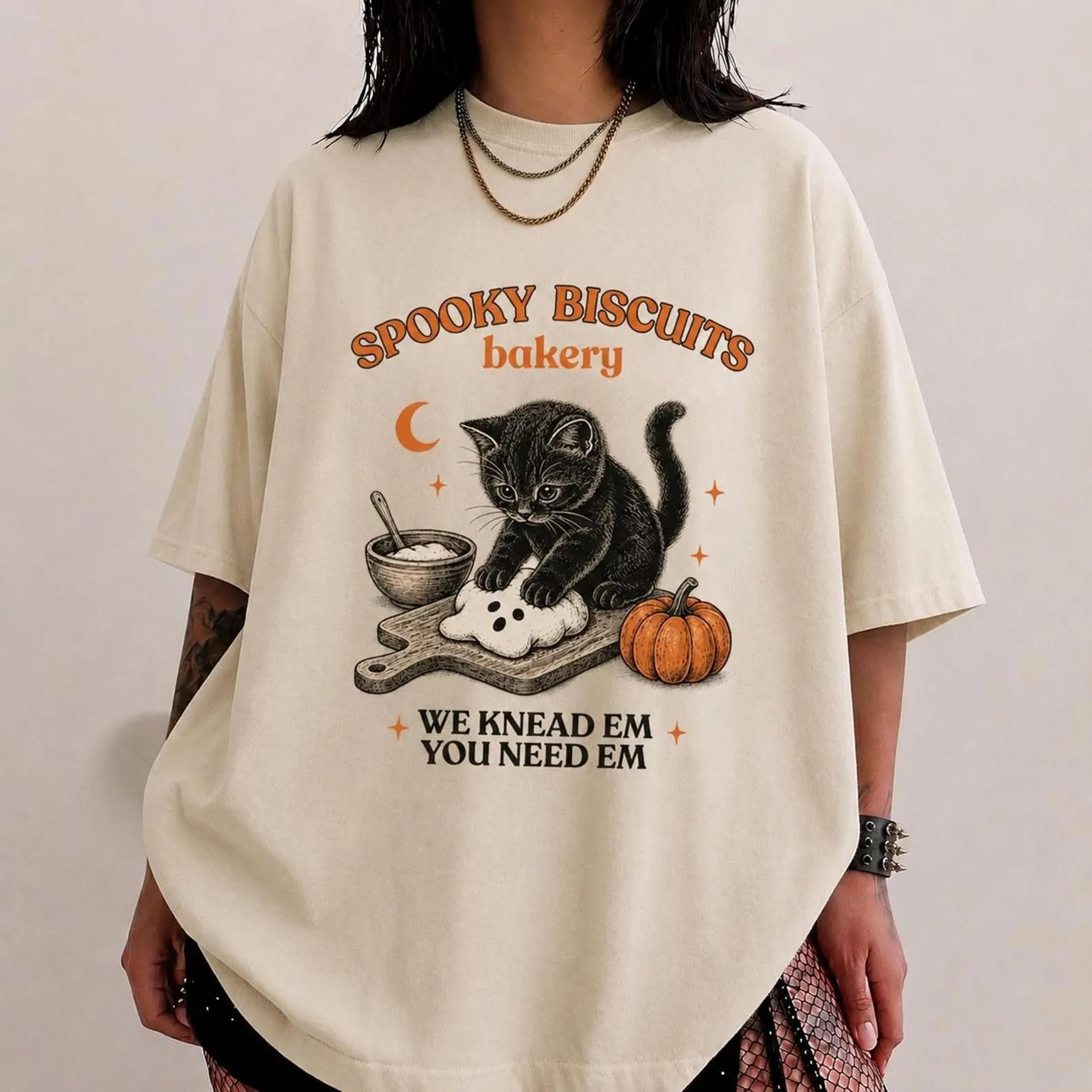 kitty biscuits shirt, spooky season tee black cat halloween fall tshirt vintage baking pumpkin t-shirt cat lover fall gi