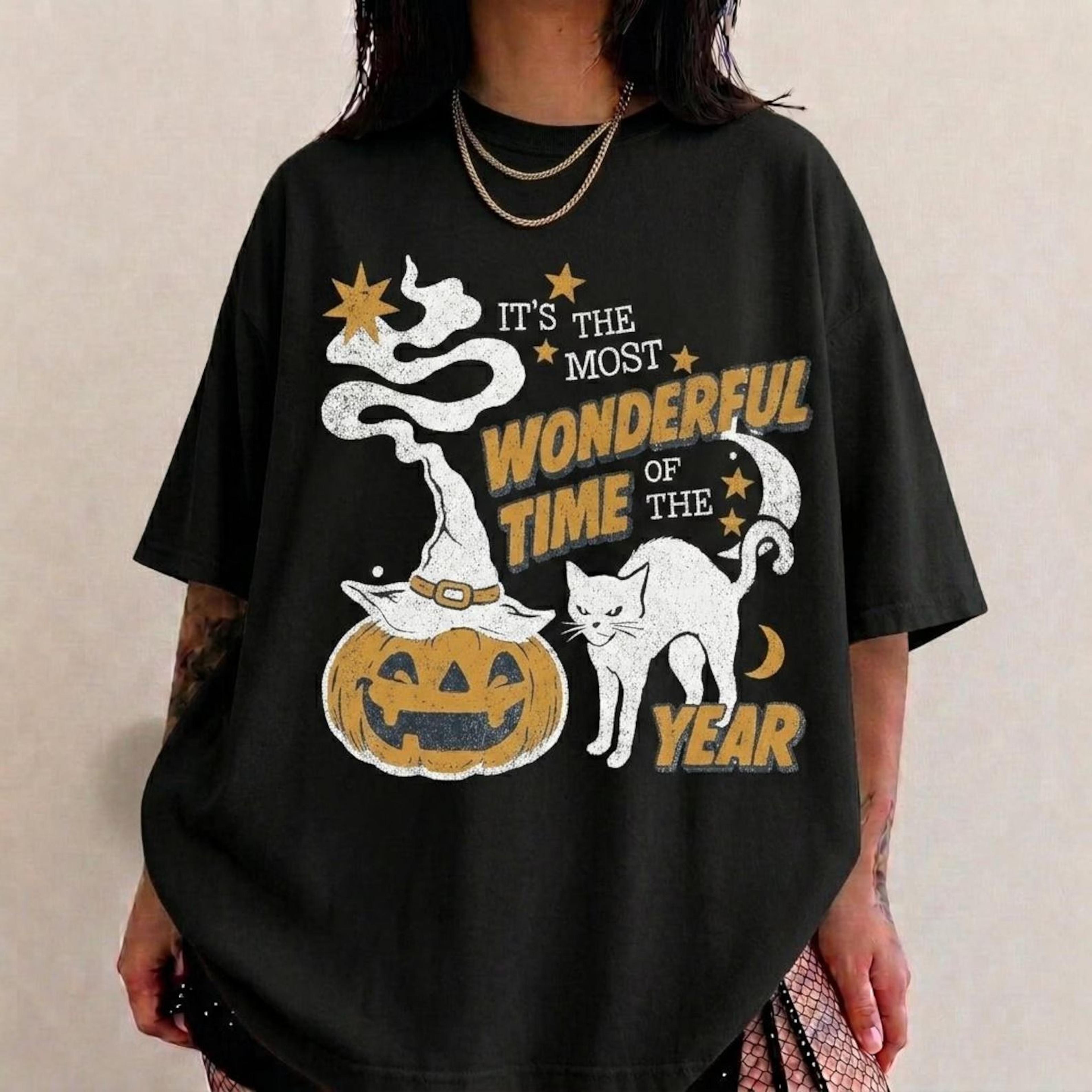 vintage halloween shirt, halloween 90s spooky black cat t-shirt, witchy pumpkin most wonderful time witchy fall shirt