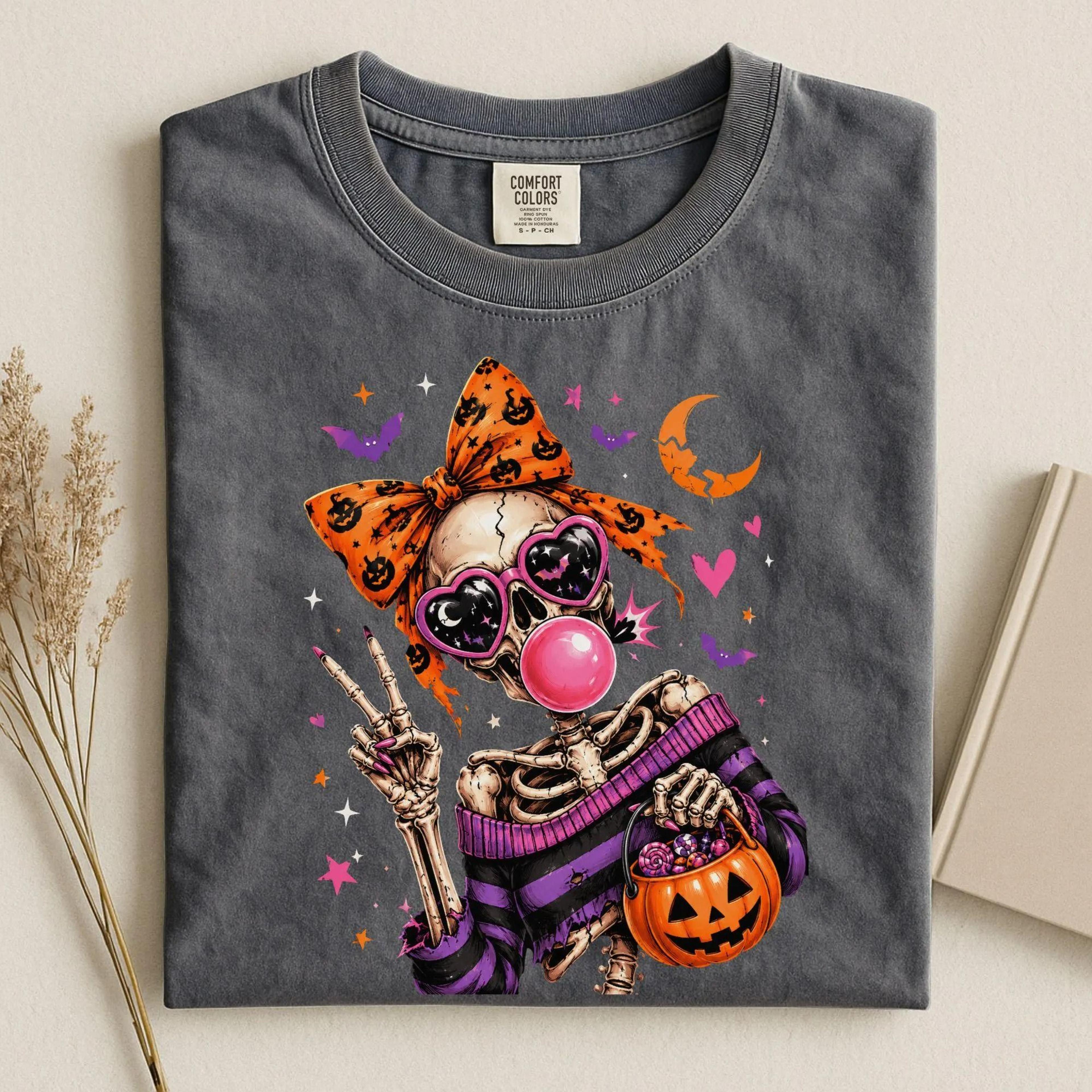 halloween shirt, skeleton shirt, spooky season tee, trick or treat shirt, cute spooky tee, girly halloween comfort color