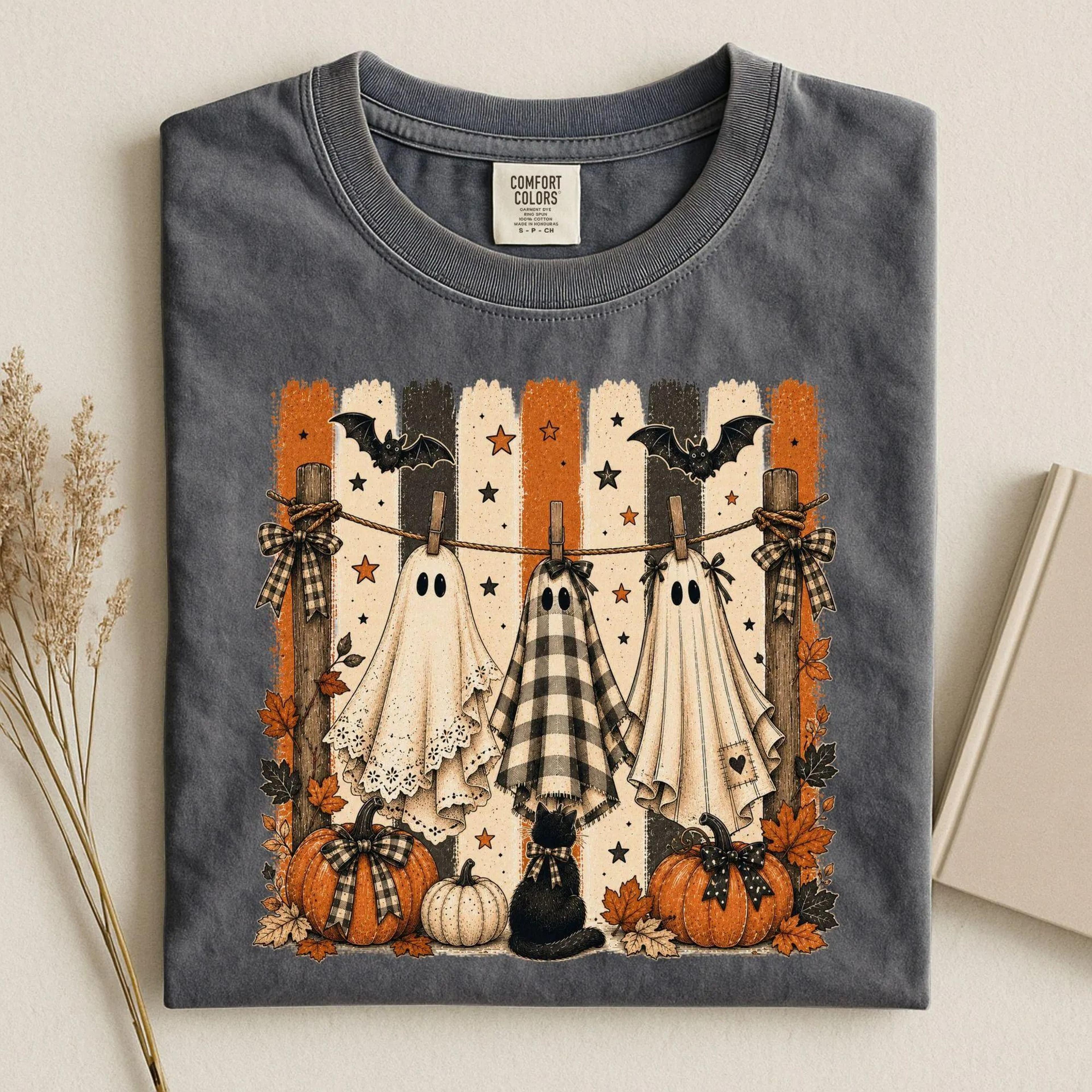ghost halloween shirt, black cat halloween tee, cute ghost shirt, spooky season shirt, pumpkin fall tee,