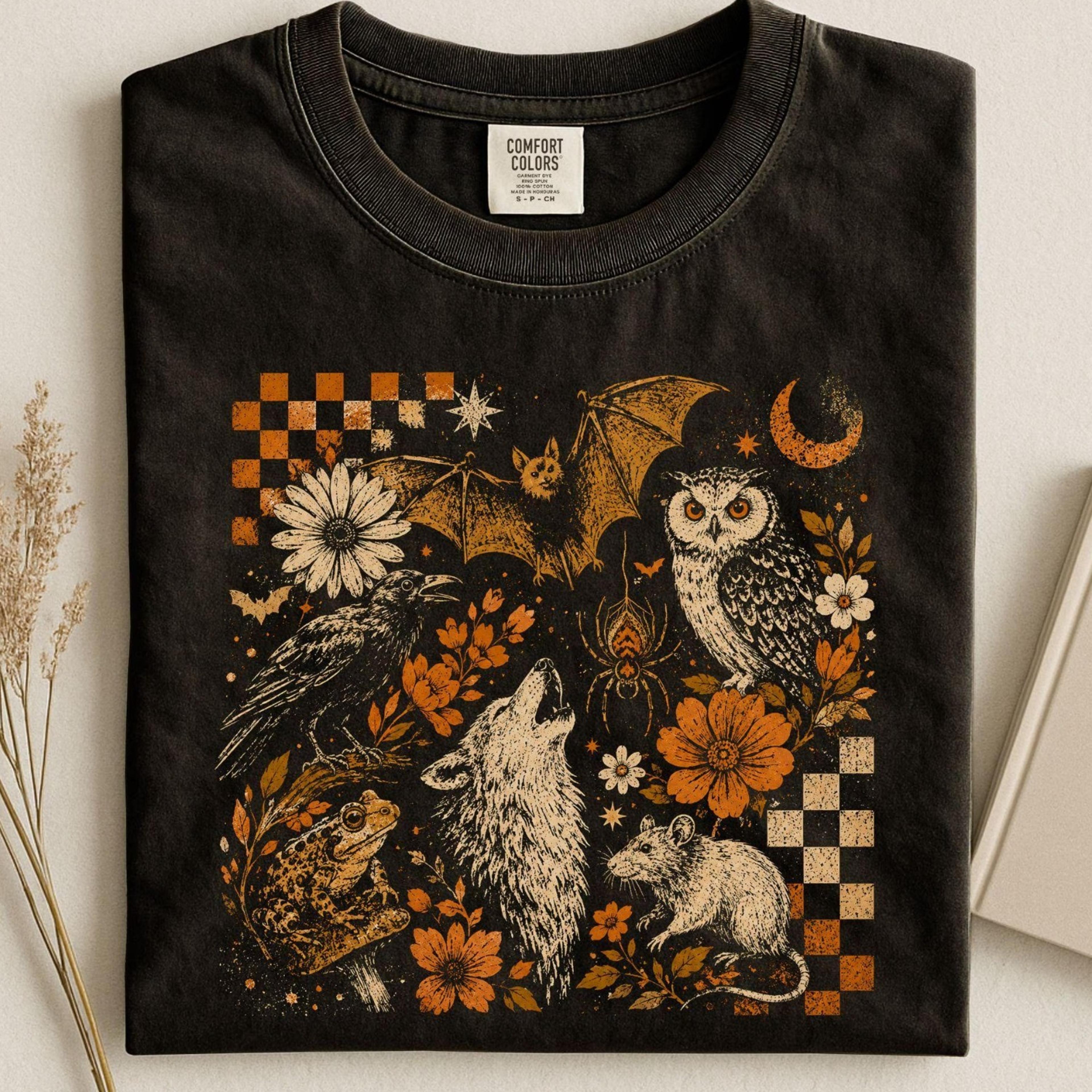 nocturnal animals shirt, owl bat raven wolf tee, gothic wildlife shirt, nature goth gift, dark cottagecore
