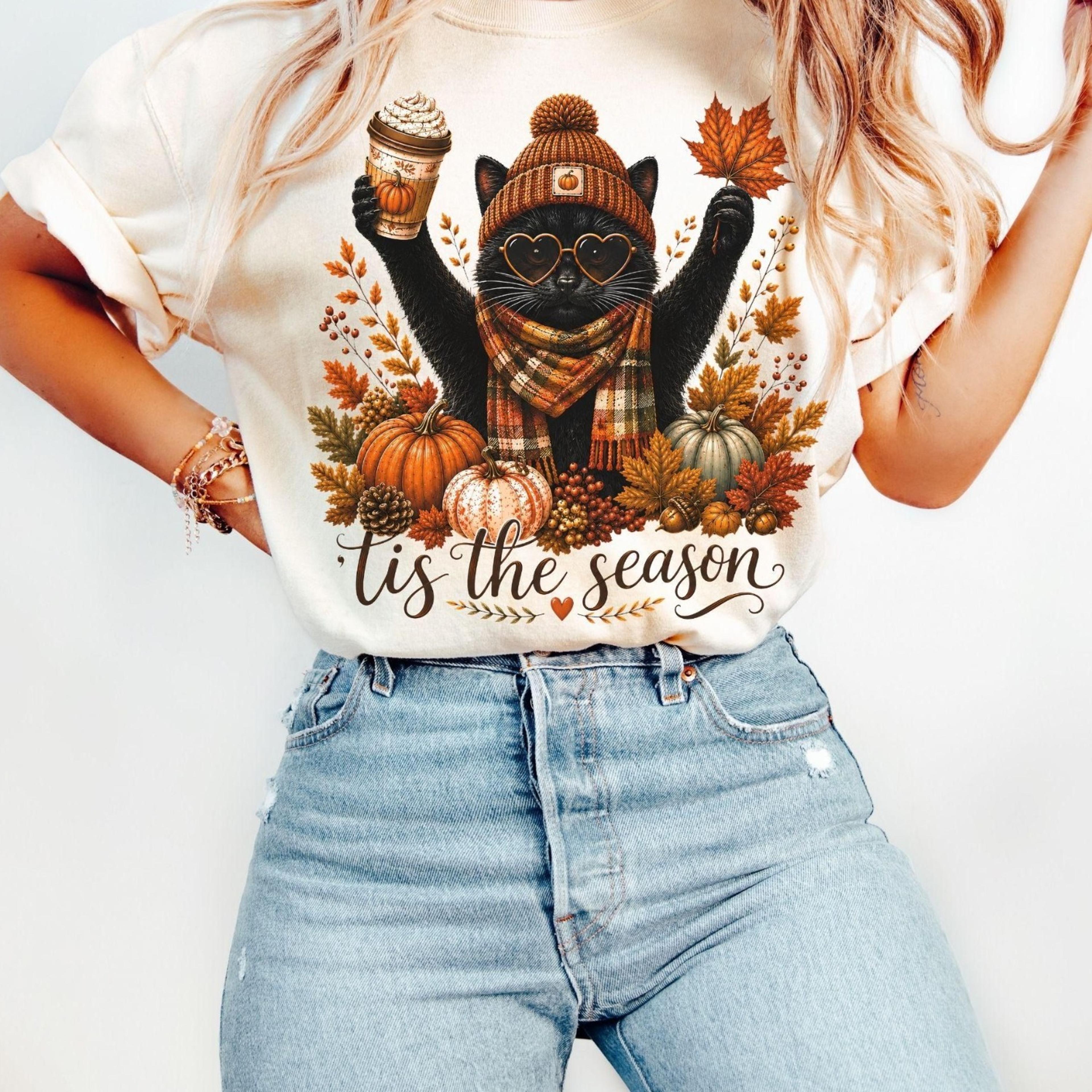 black cat halloween shirt, pumpkin spice cat tee, fall cat shirt, cat lover gift, spooky season coffee