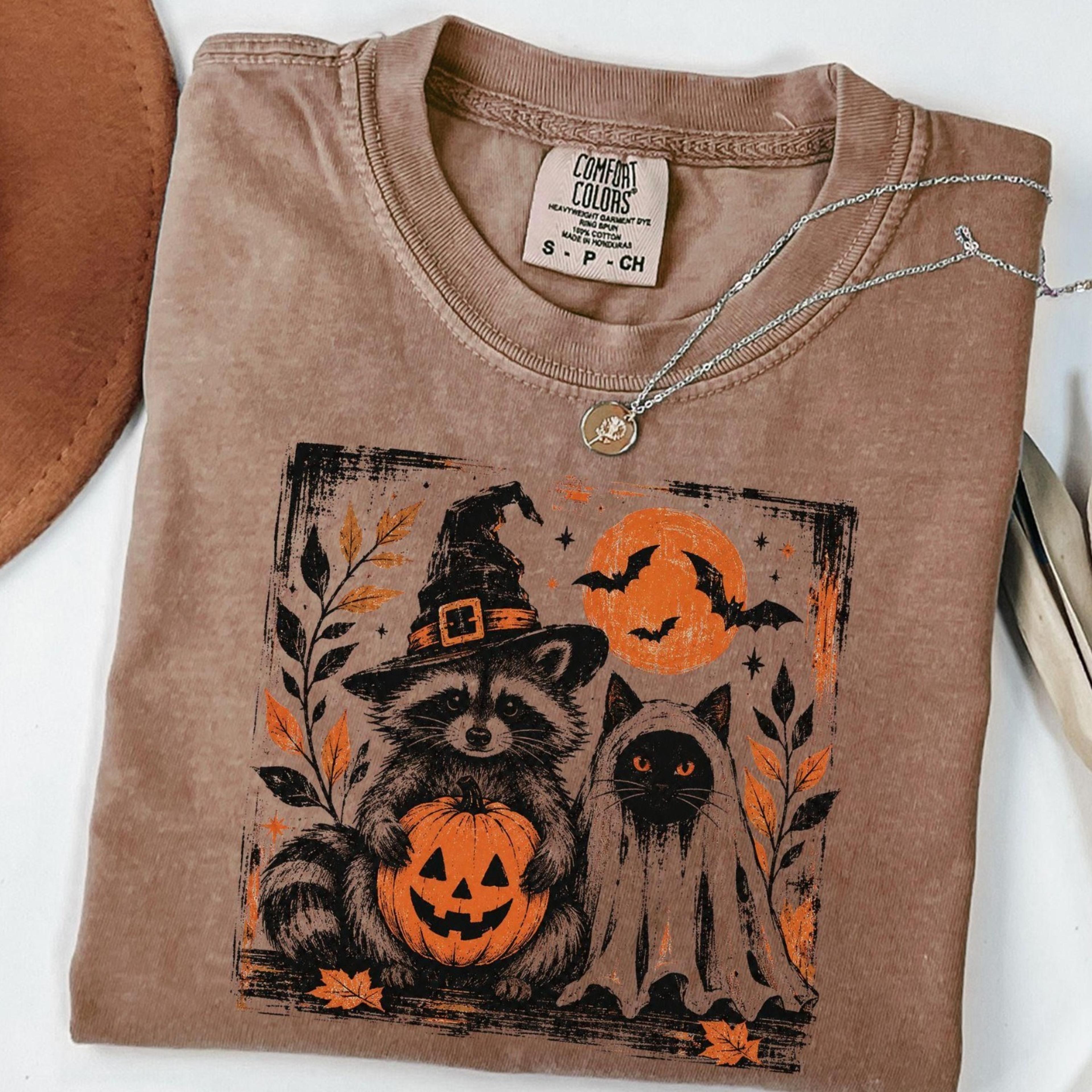 black cat raccoon halloween shirt, cute spooky animal tee, ghost cat shirt, witch raccoon shirt, fall halloween