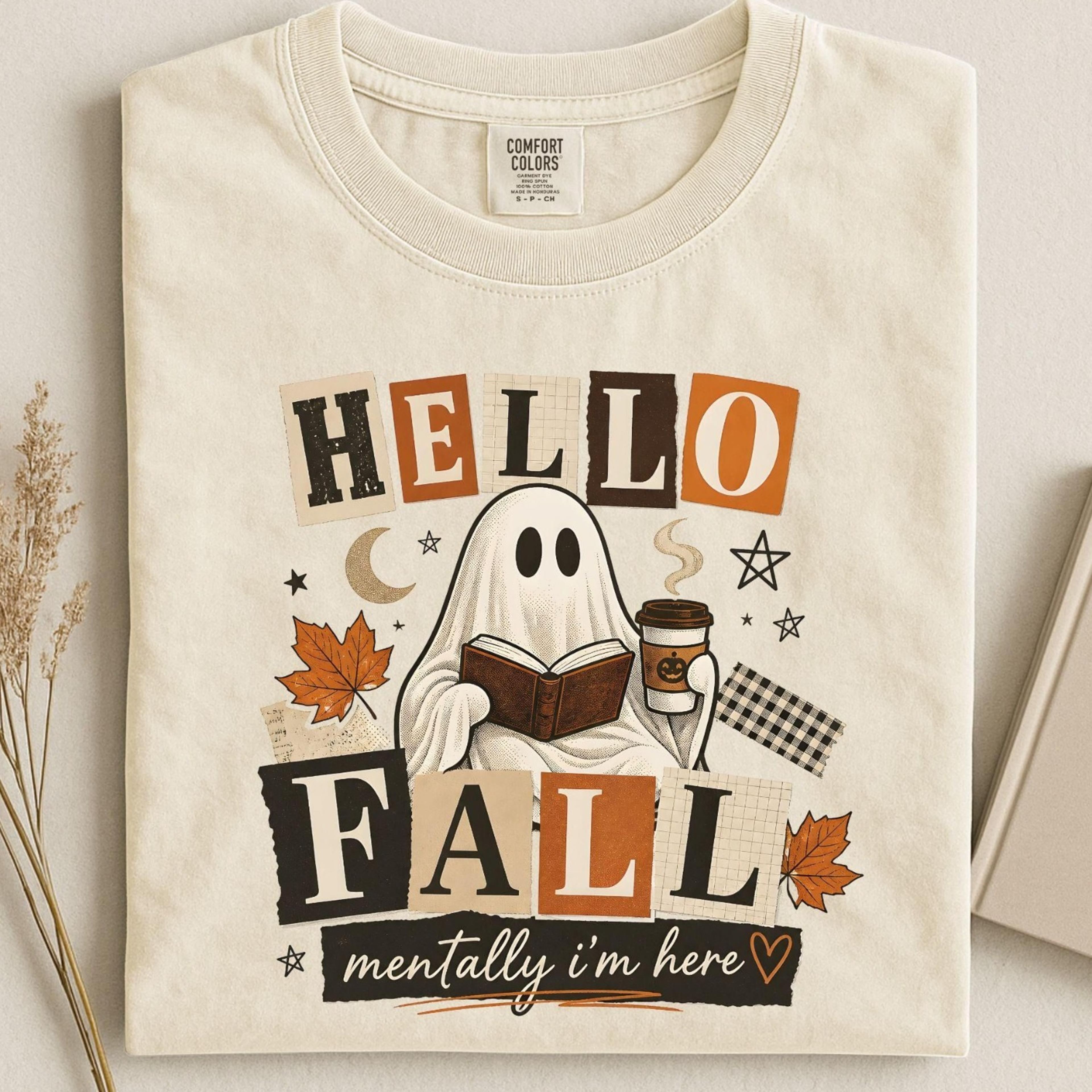 hello fall shirt, spooky reader tee, bookish fall shirt, ghost reading shirt, coffee book lover gift