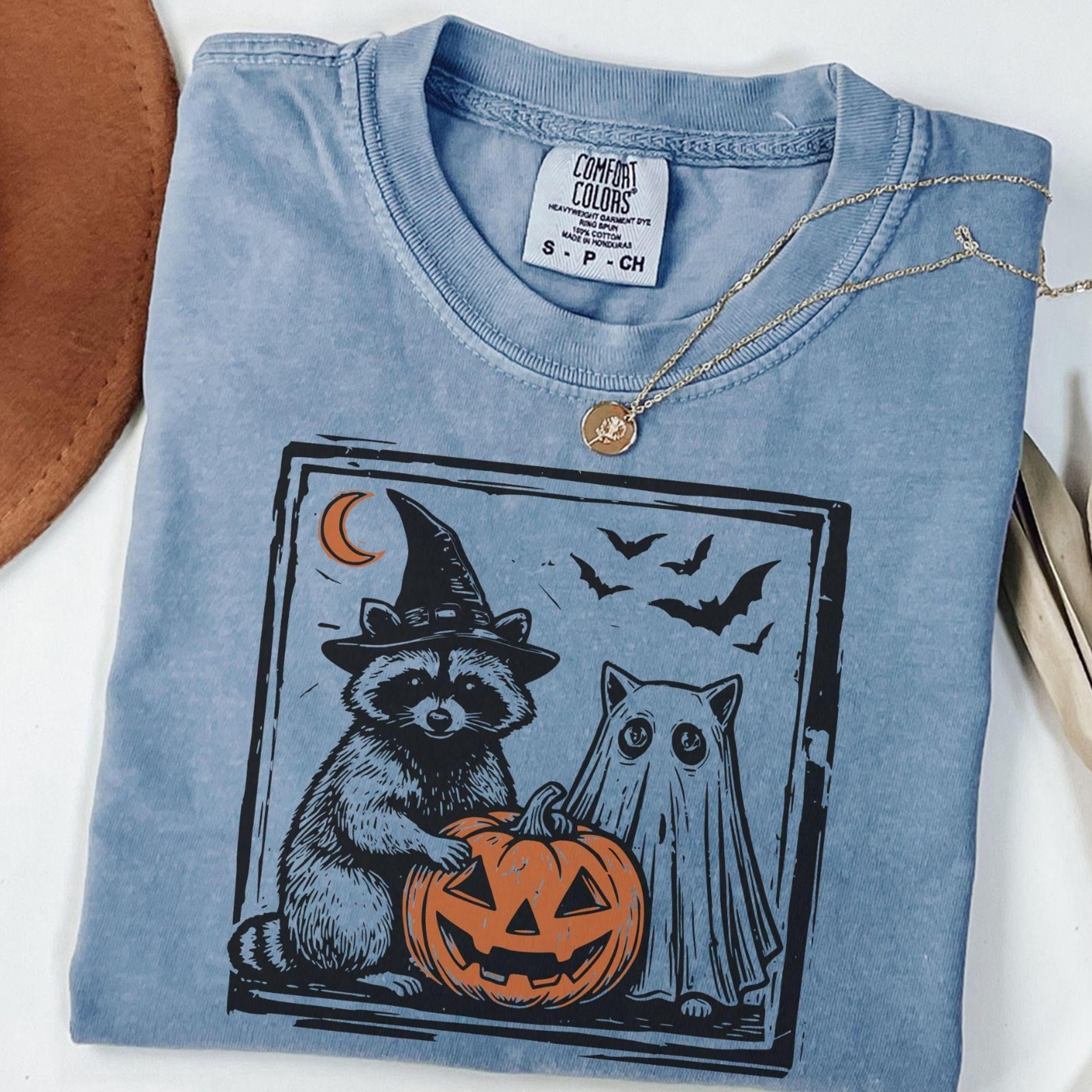 halloween raccoon shirt, ghost cat tee, witch raccoon shirt, spooky season pumpkin tee, cute fall