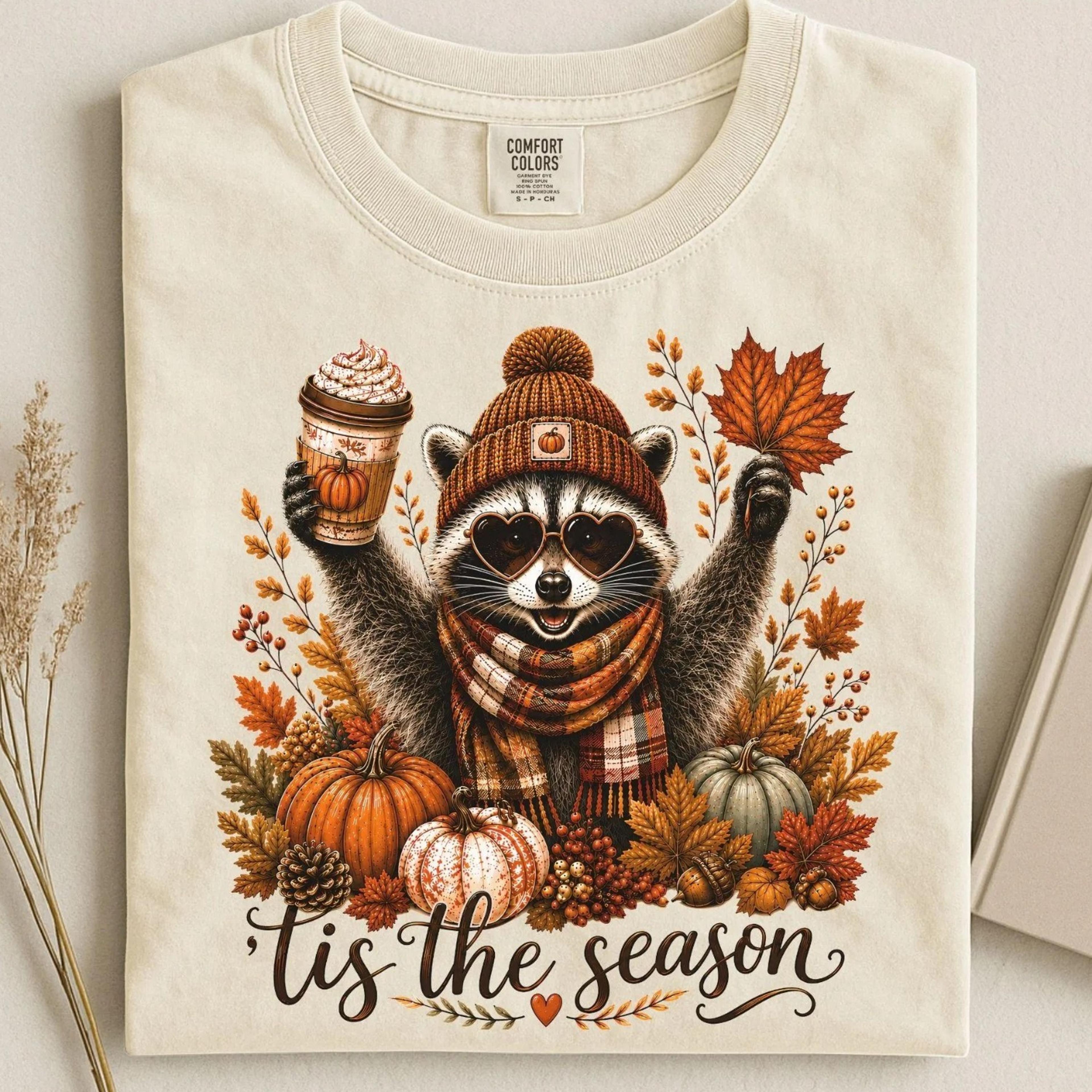 fall raccoon shirt, pumpkin spice latte tee, coffee lover shirt, autumn raccoon shirt, funny fall shirt, cozy season