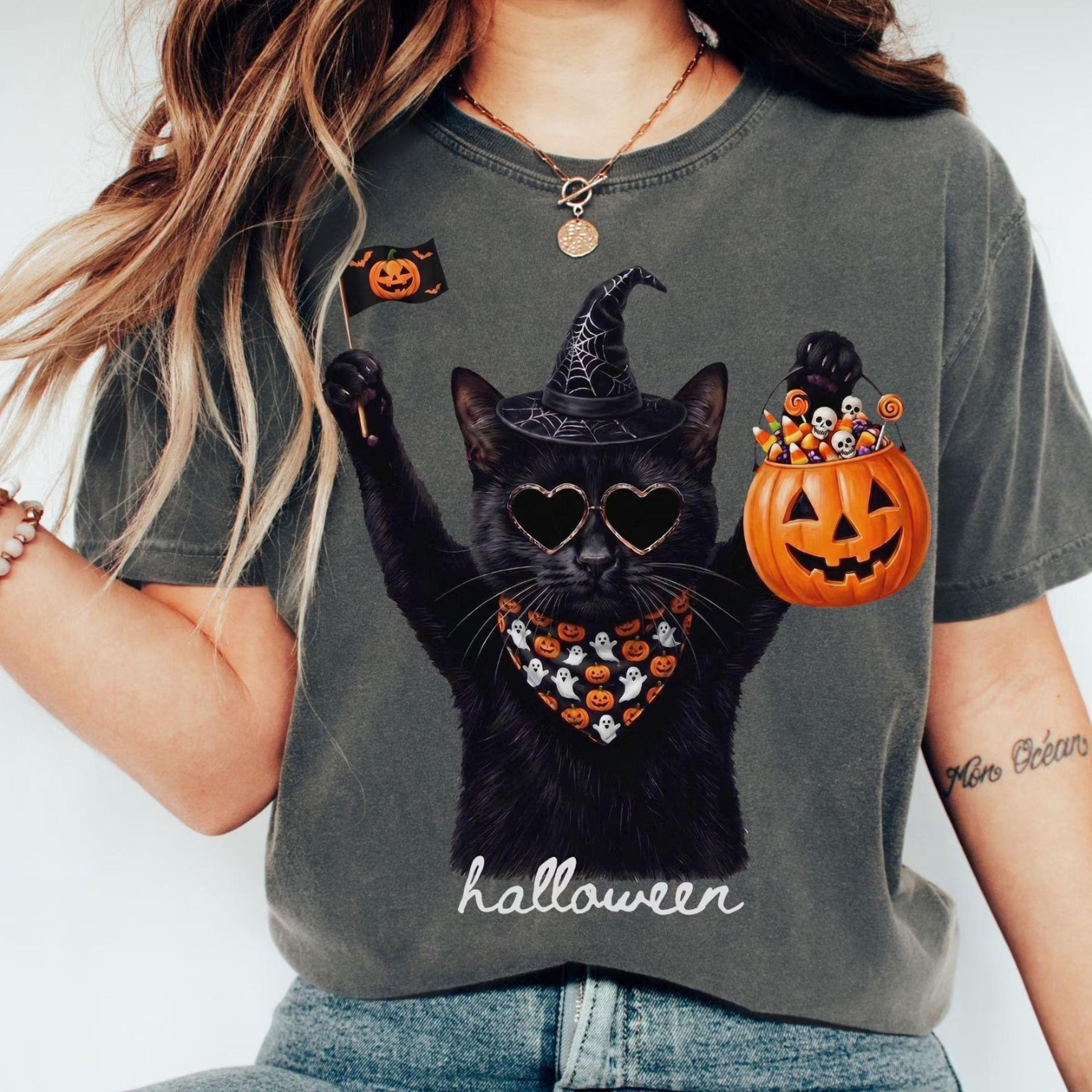 black cat halloween shirt, halloween cat shirt, spooky season tee, cat lover gift, trick or treat shirt, pumpkin