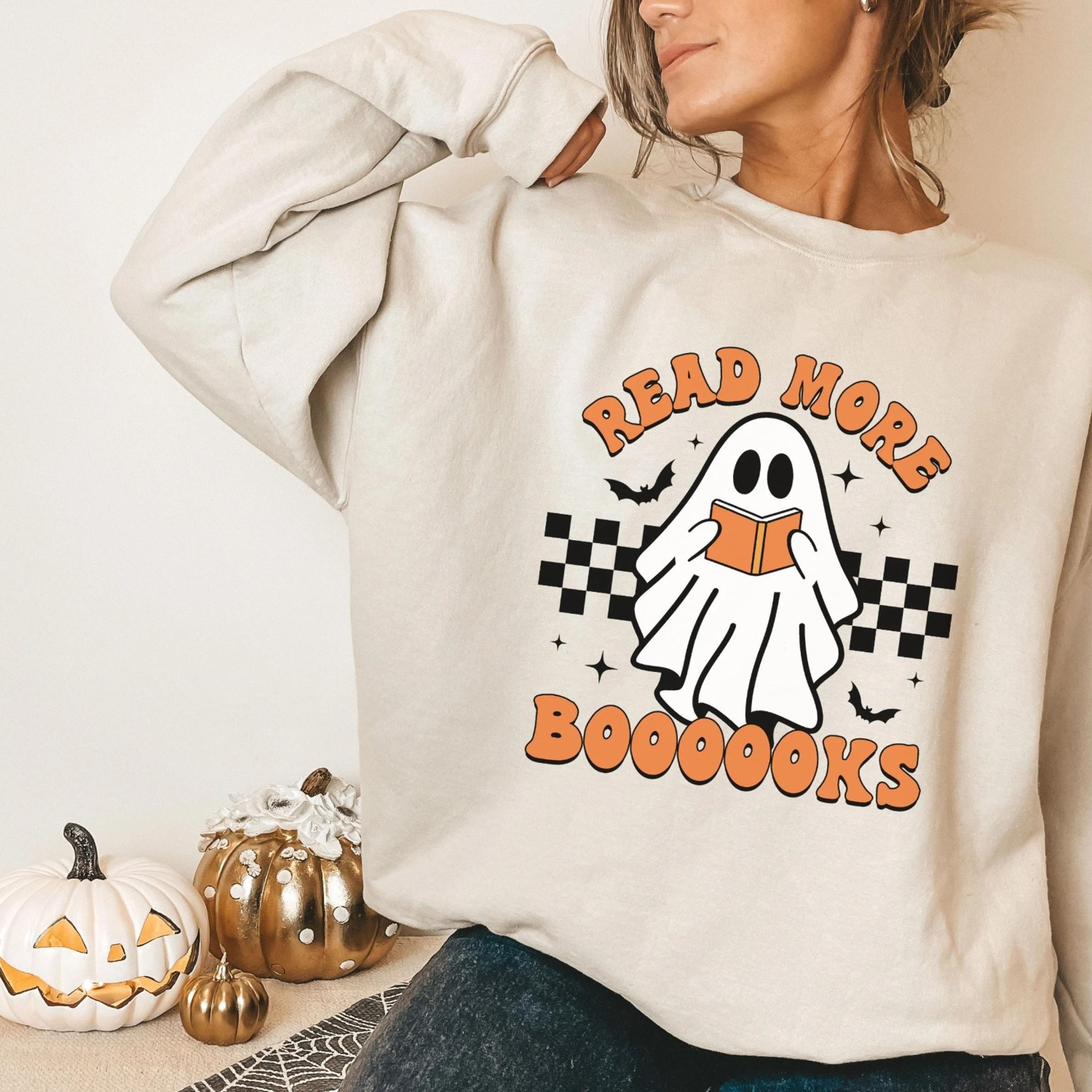 halloween teacher ghost sweatshirt | read more books, spooky vintage style