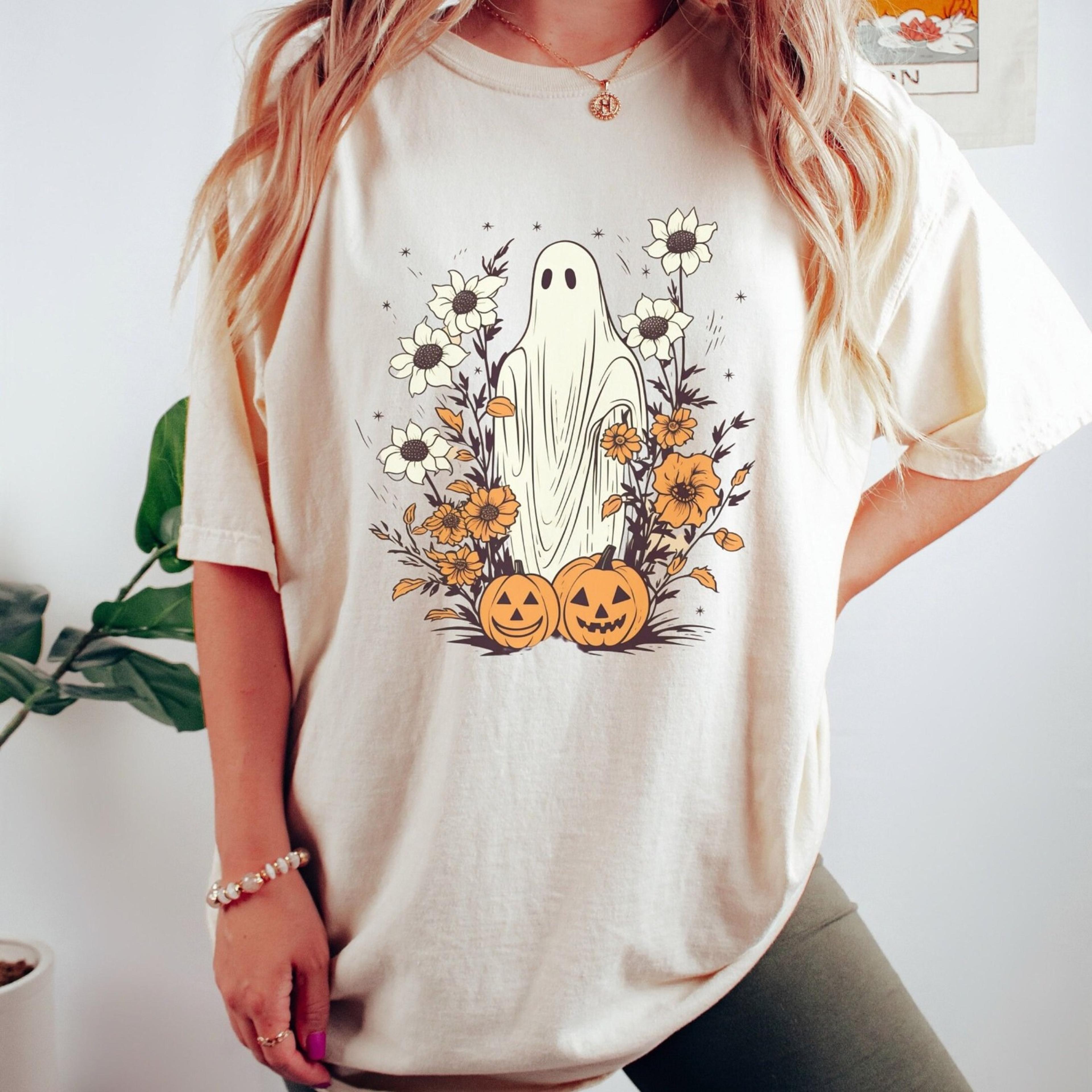 floral ghost halloween tshirt, cottagecore fall tee