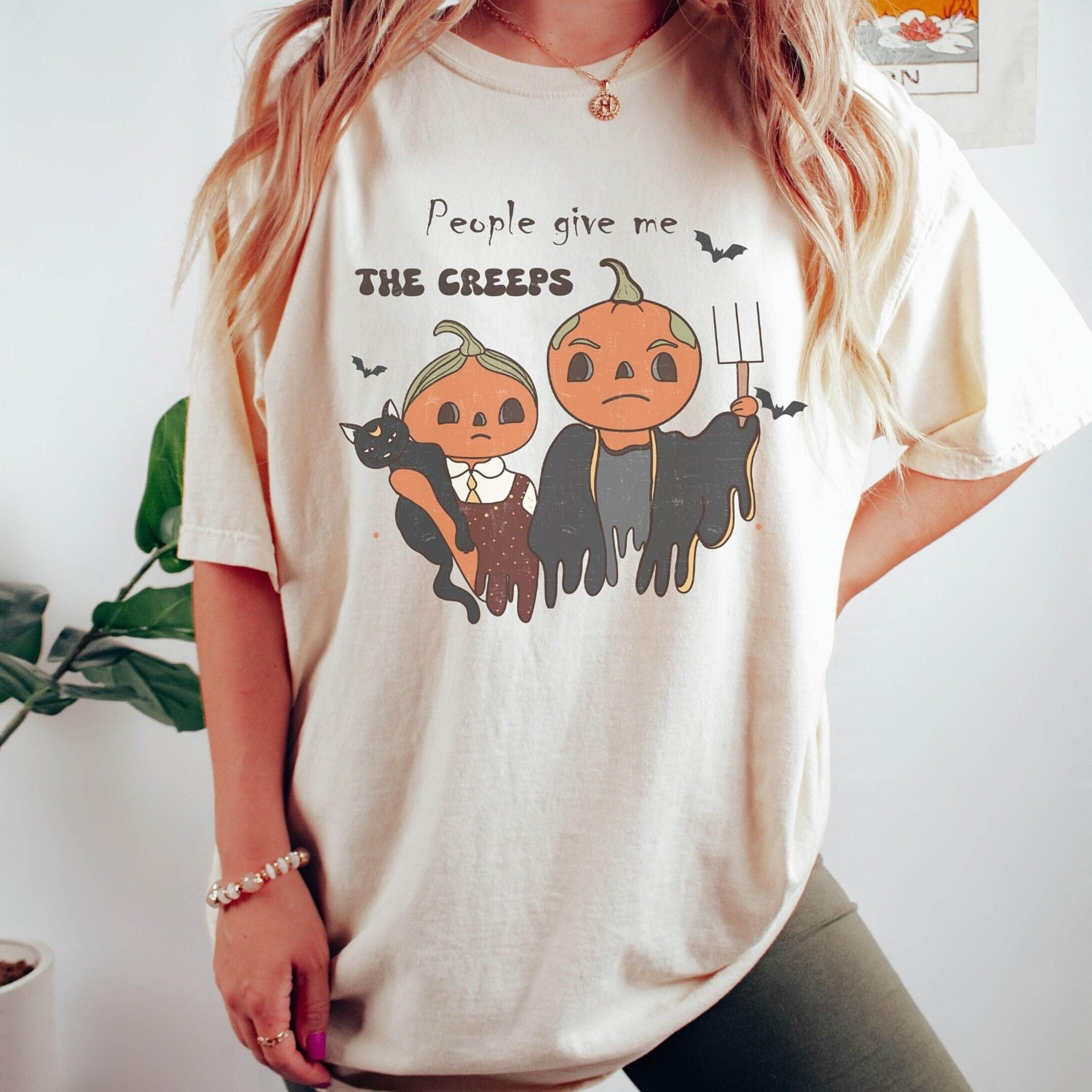 american gothic halloween shirt, people give me the creeps, black cat pumpkin shirt, jack o lantern, spooky season, cree