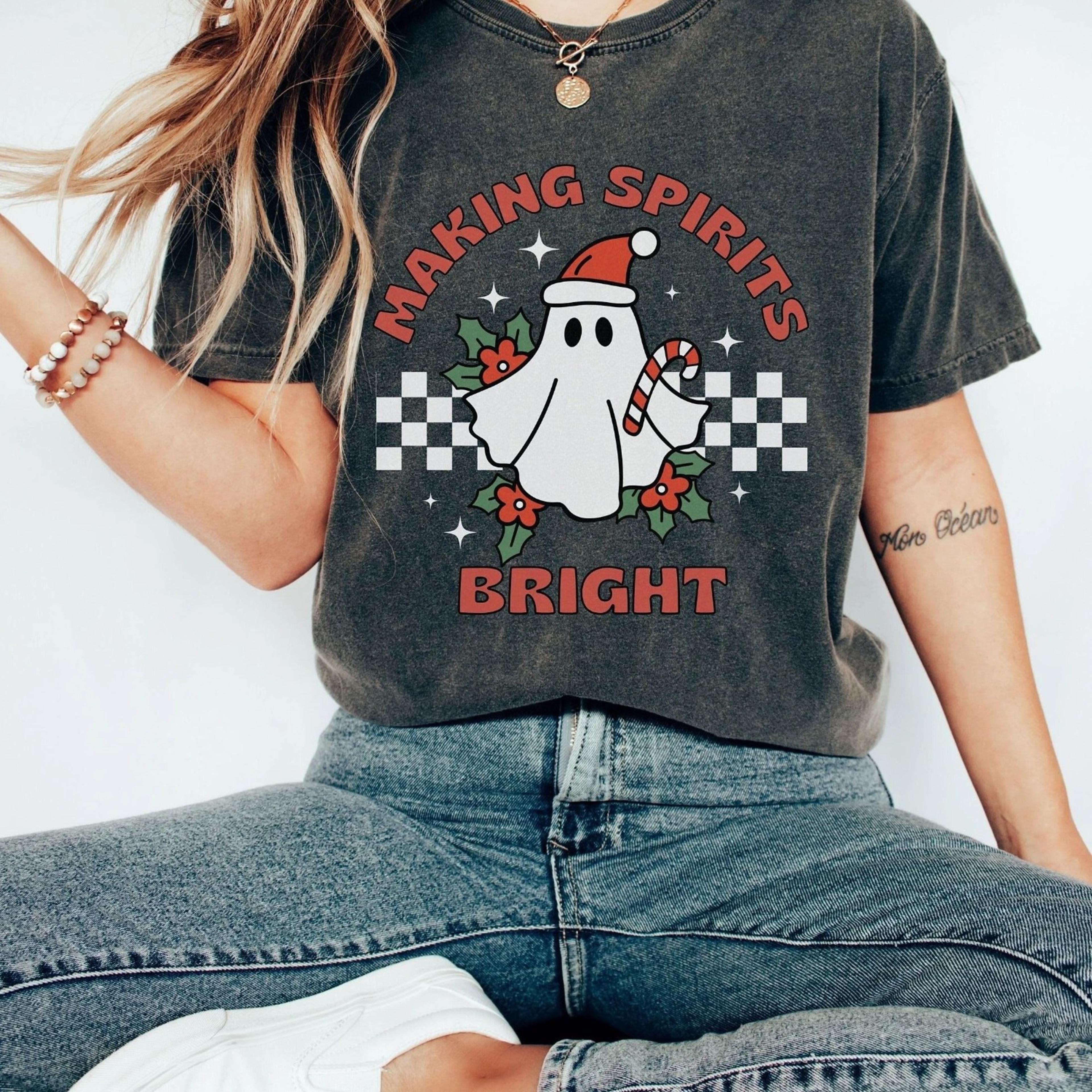 making spirits bright ghost christmas t-shirt, retro holiday tee