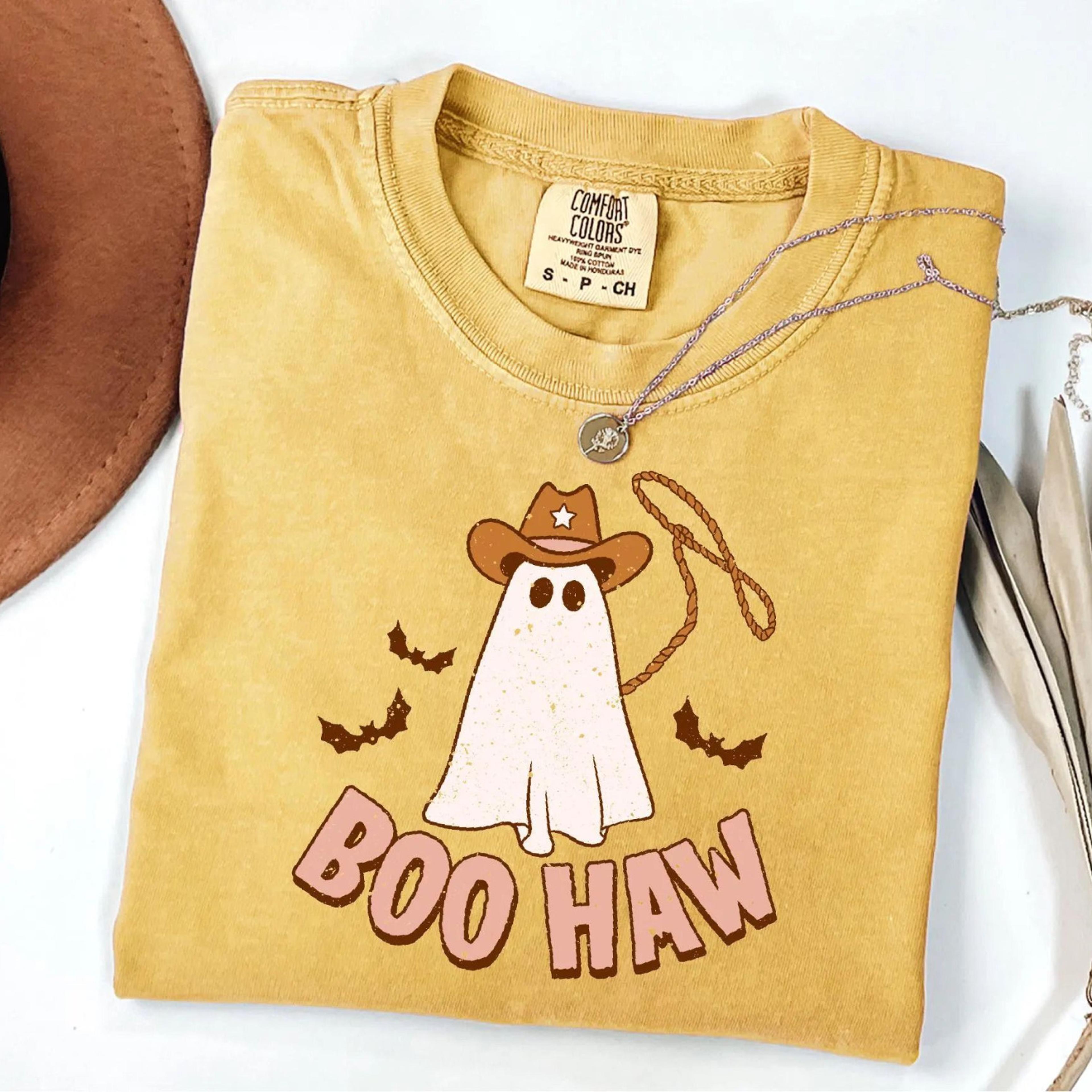 retro ghost halloween shirt boo haw western cowboy graphic tee