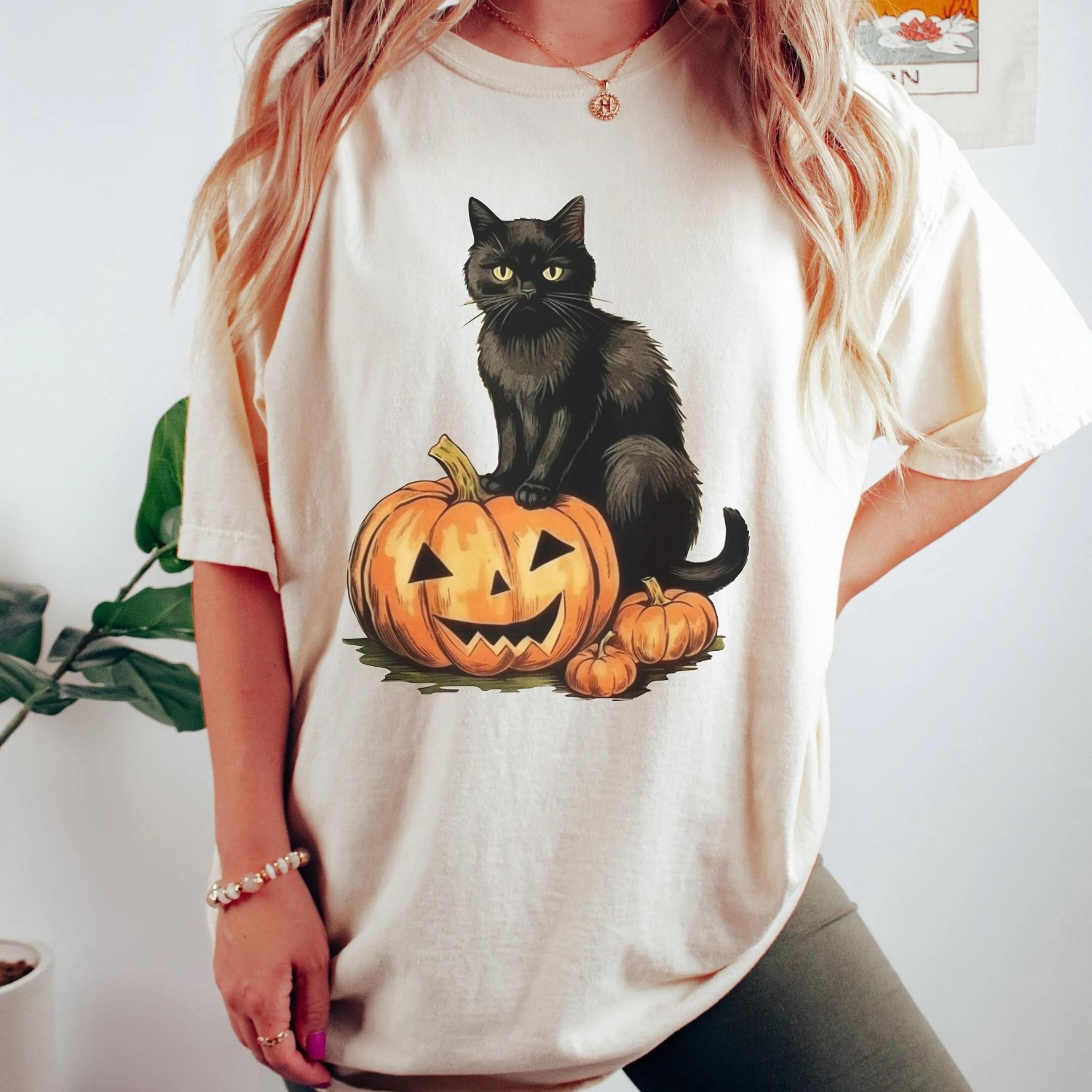 black cat pumpkin halloween tee, retro spooky season shirt