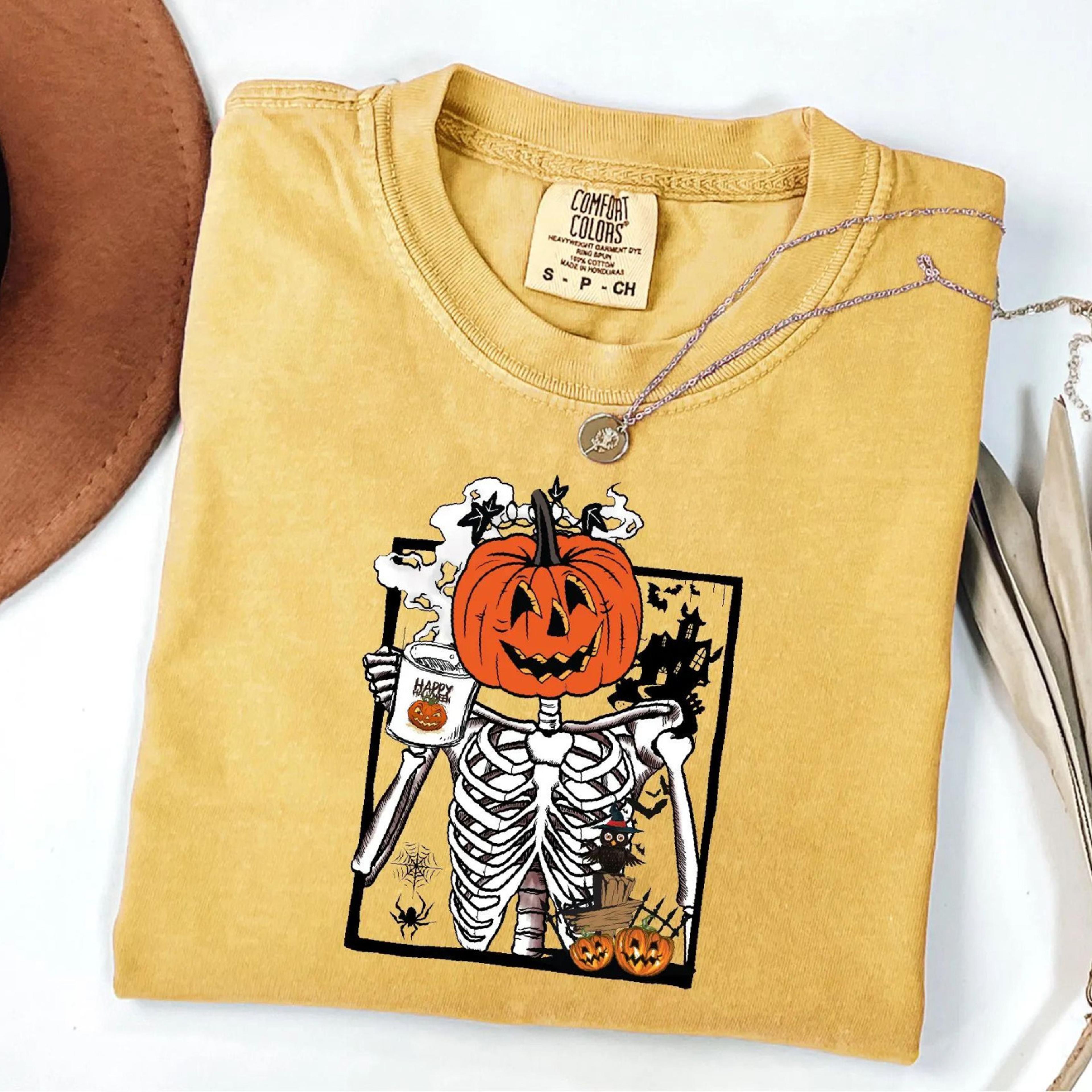 pumpkin skeleton coffee shirt, halloween gift for coffee lover, womens halloween shirt, halloween skeleton shirt, fall s
