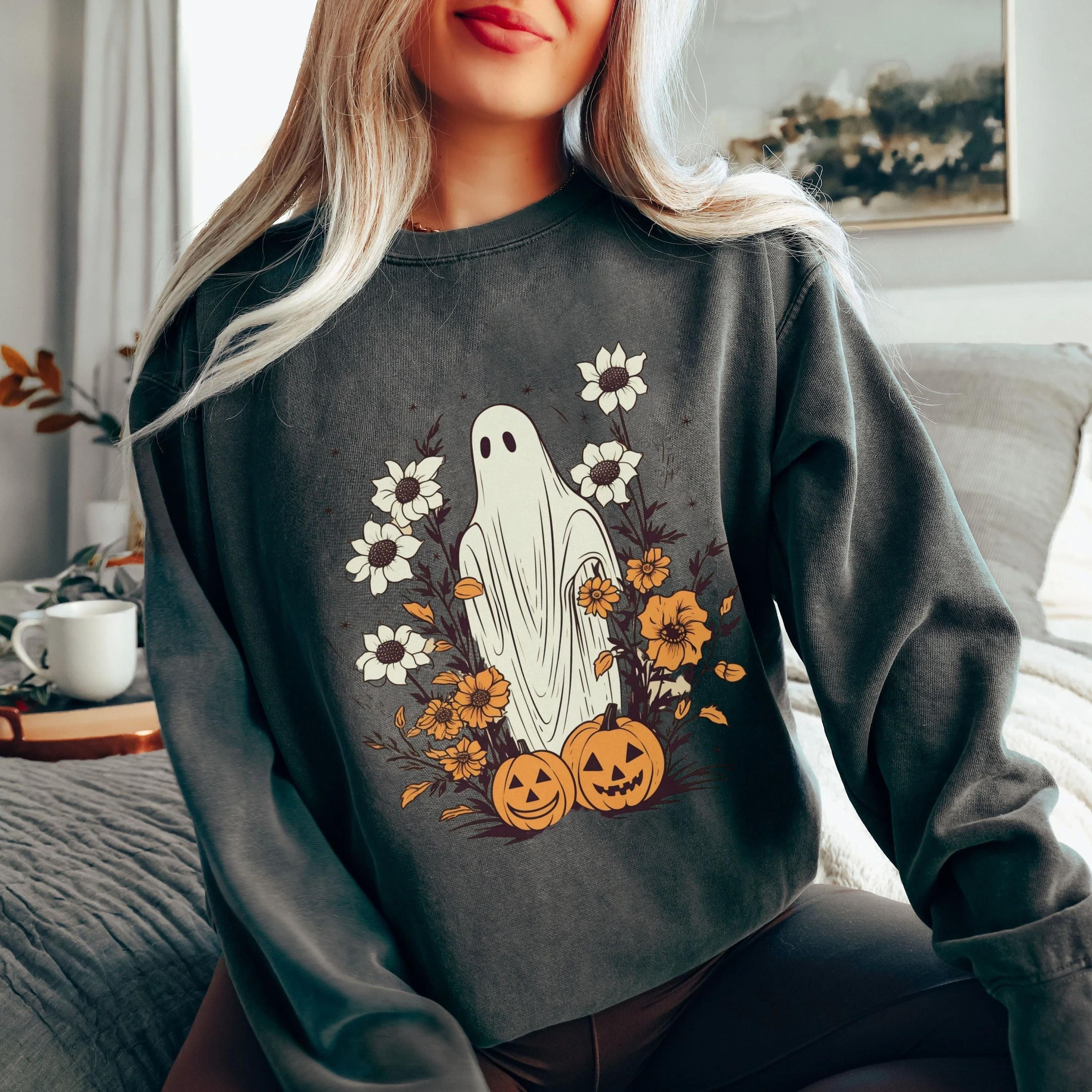 halloween sweatshirt retro floral ghost tee, cottagecore fall ghost tshirt, vintage pumpkin season shirt, spooky season,