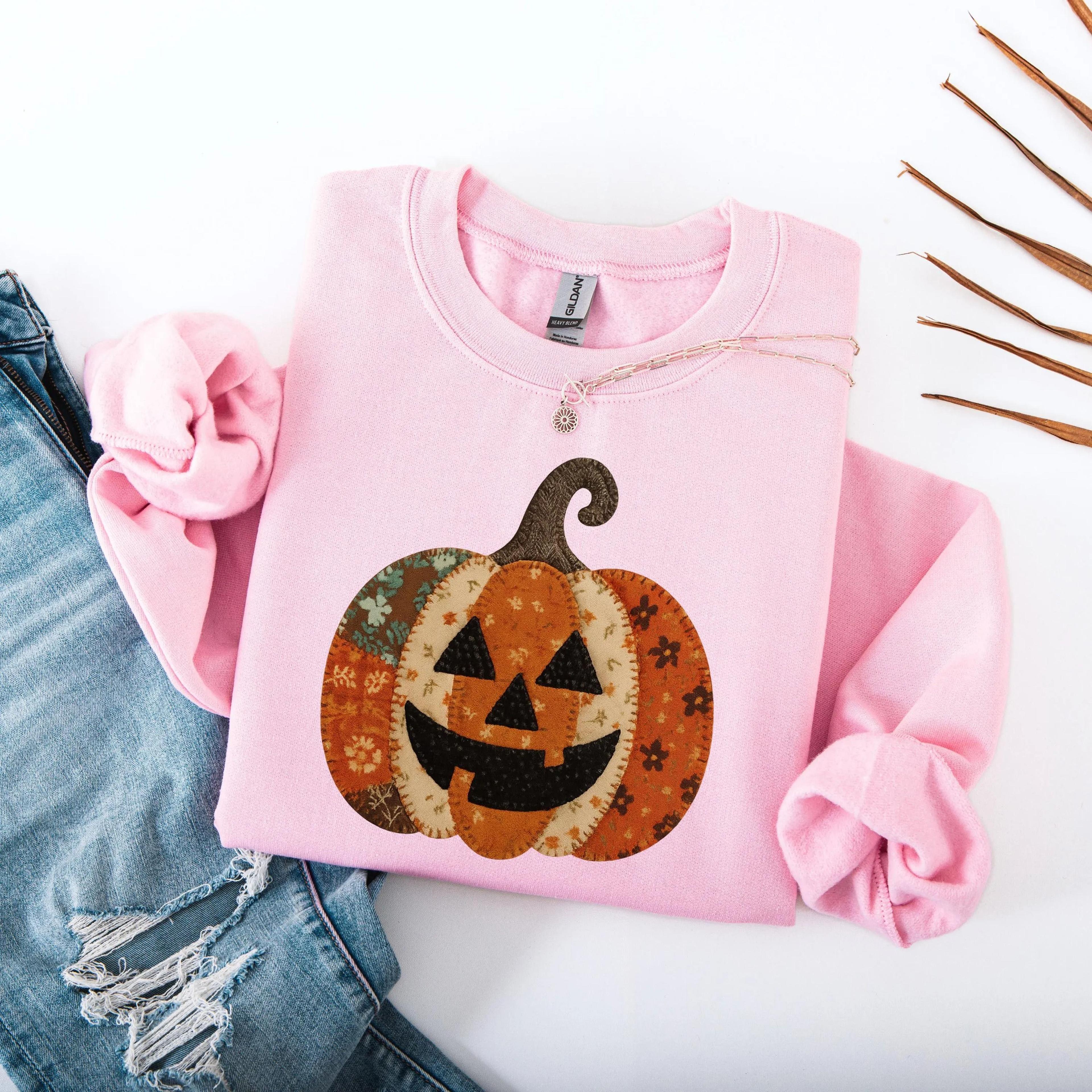patchwork pumpkin halloween sweatshirt, retro fall pumpkin face shirt, vintage spooky season crewneck, cute autumn pumpk