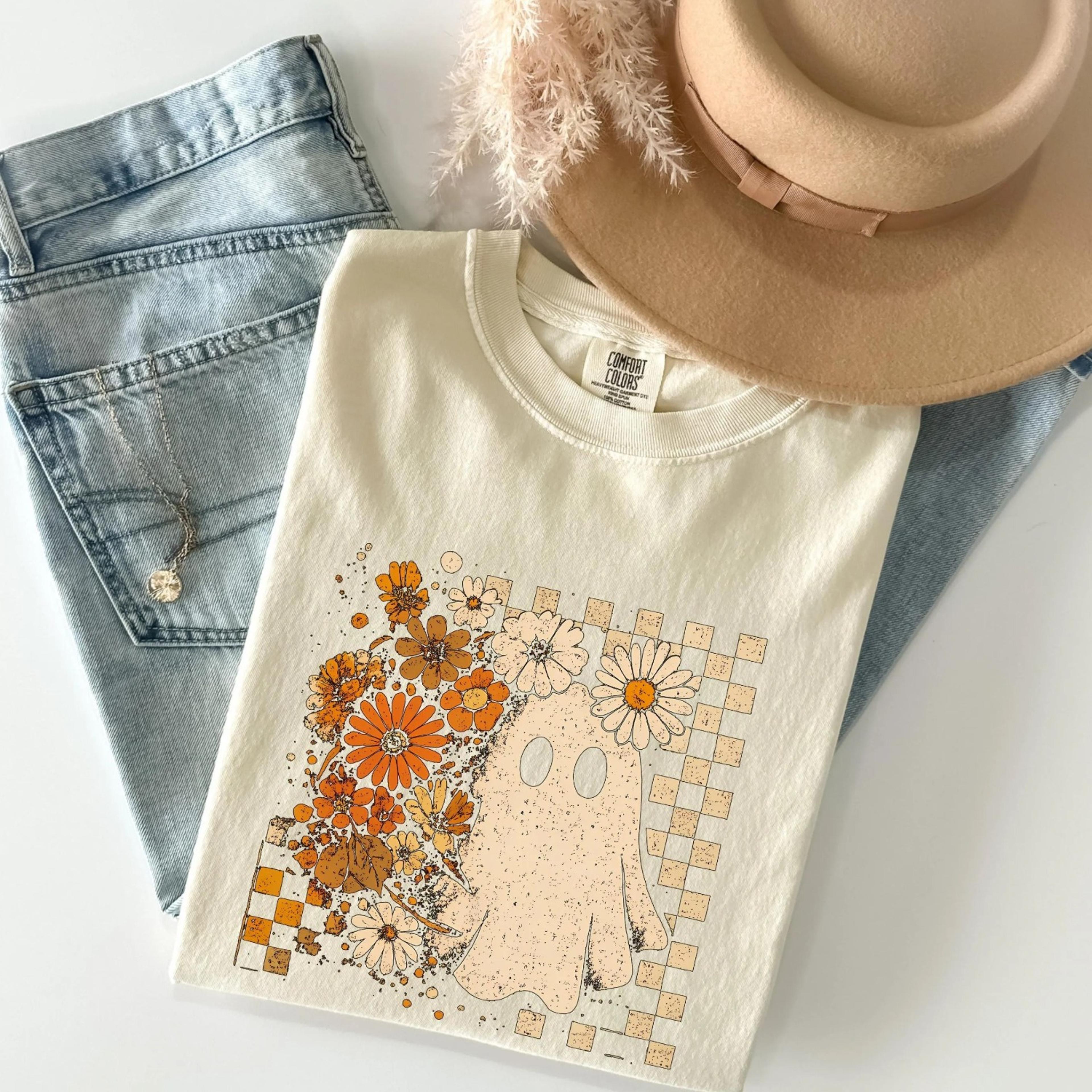 ghost checker halloween shirt, floral fall ghost boho halloween shirt, autumn full pumpkin shirt, women floral ghost shi