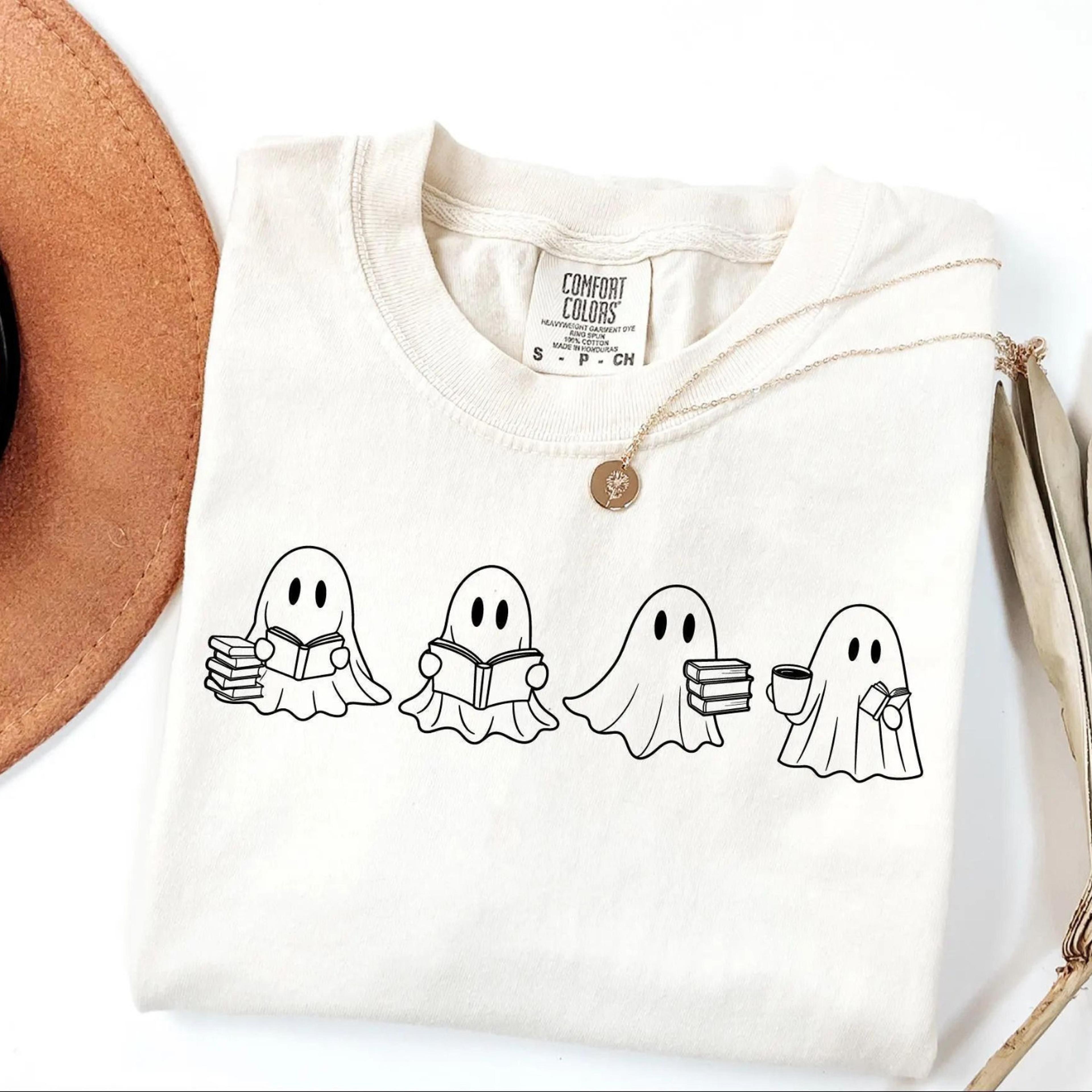 cute ghost reading books shirt, womens halloween shirt, books lover halloween shirt, bookish halloween shirt,