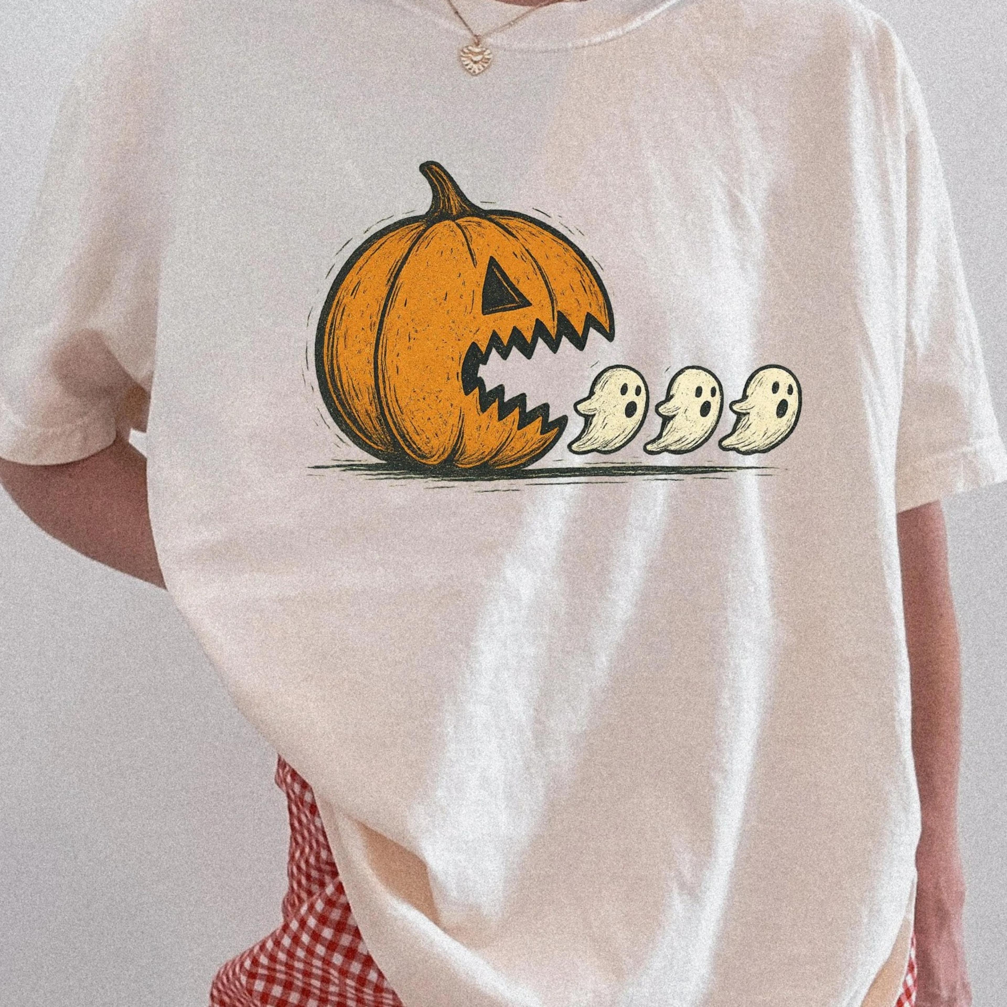 halloween shirt ghost chasing pumpkin, vintage spooky tee