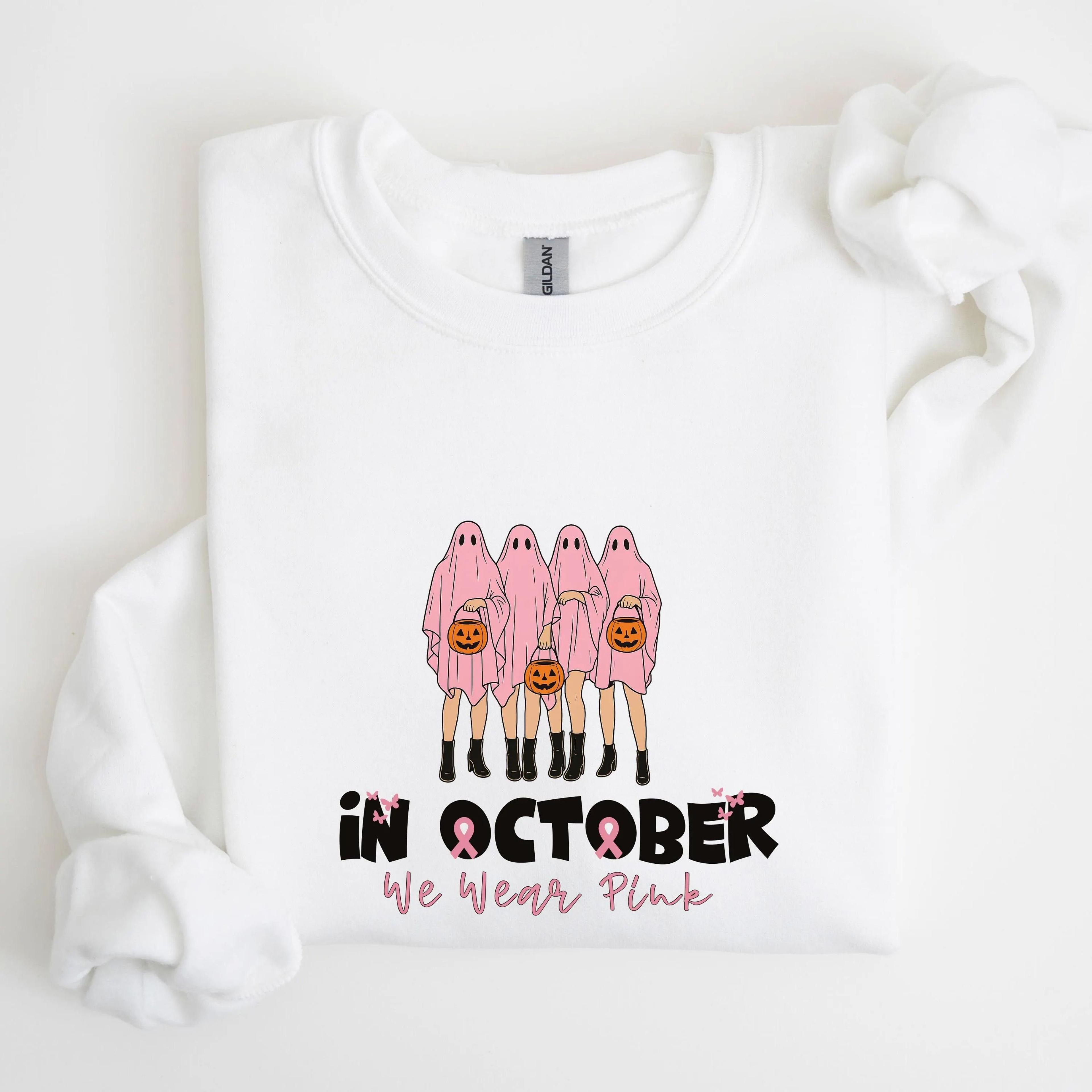 in october we wear pink sweatshirt, breast cancer awareness halloween ghost shirt, pink ribbon fall crewneck, support ca