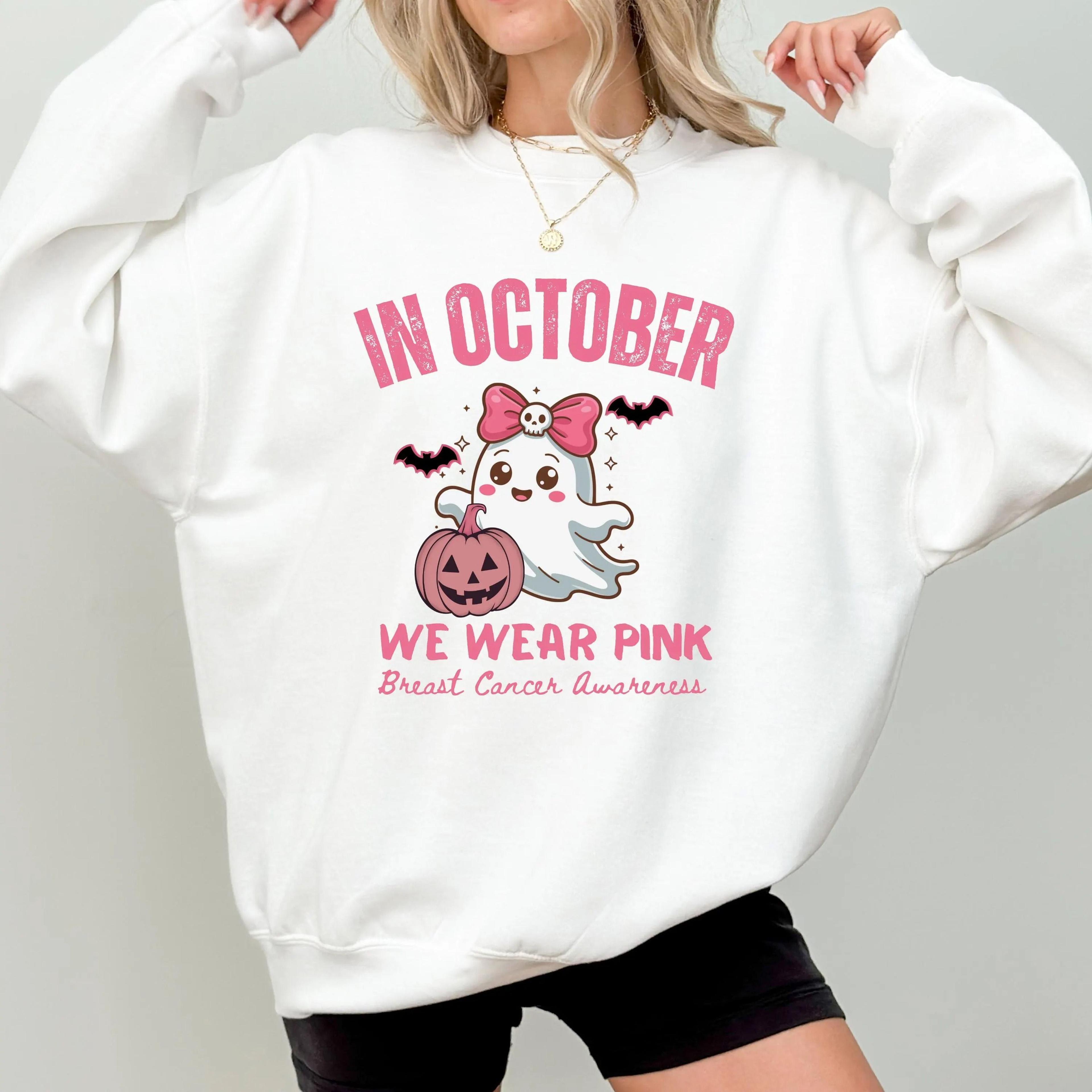 in october we wear pink ghost sweatshirt, breast cancer awareness sweat, halloween ghost cancer hoodie, cancer pink ribb