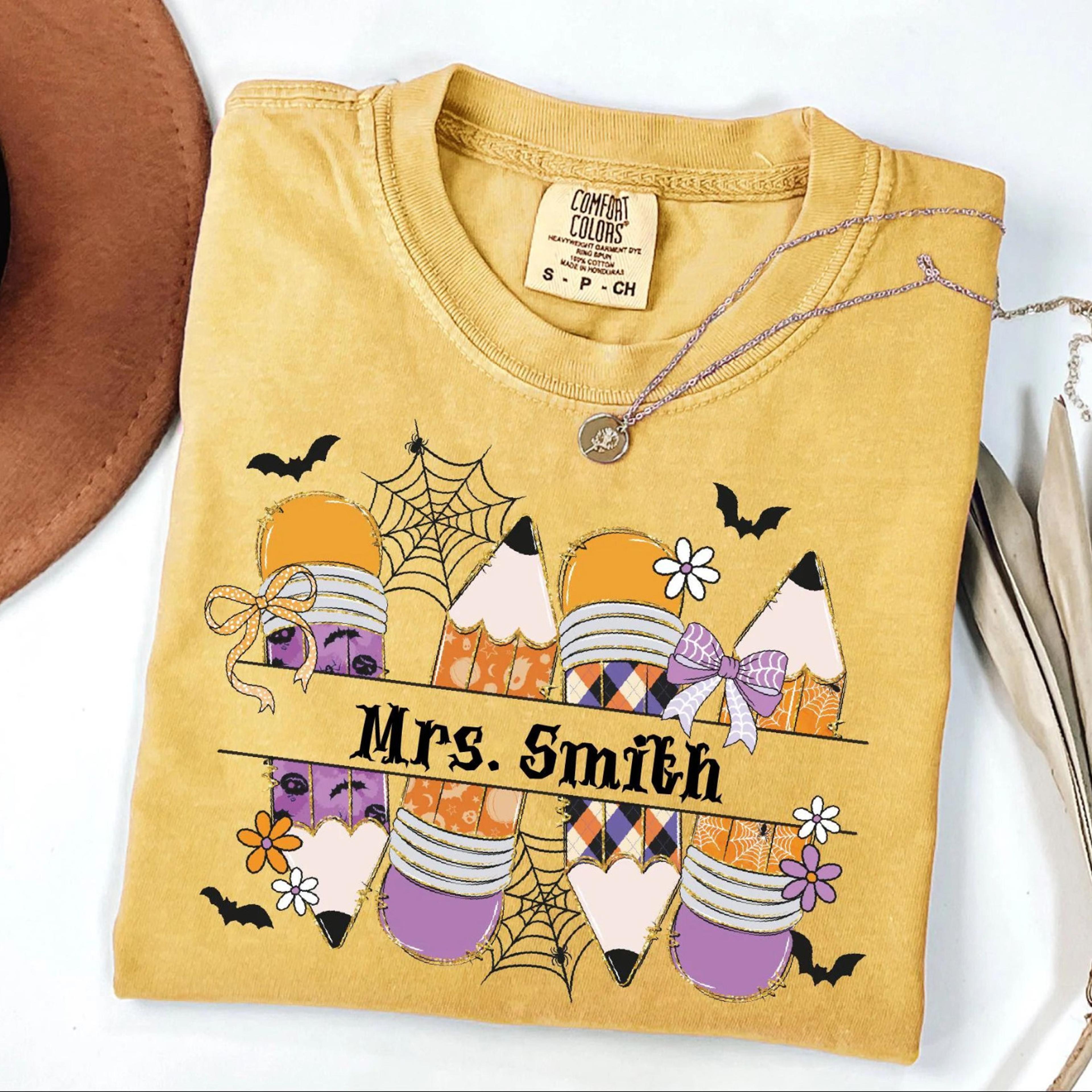 halloween teacher custom last name shirt, spooky educator tee, trick or teach outfit