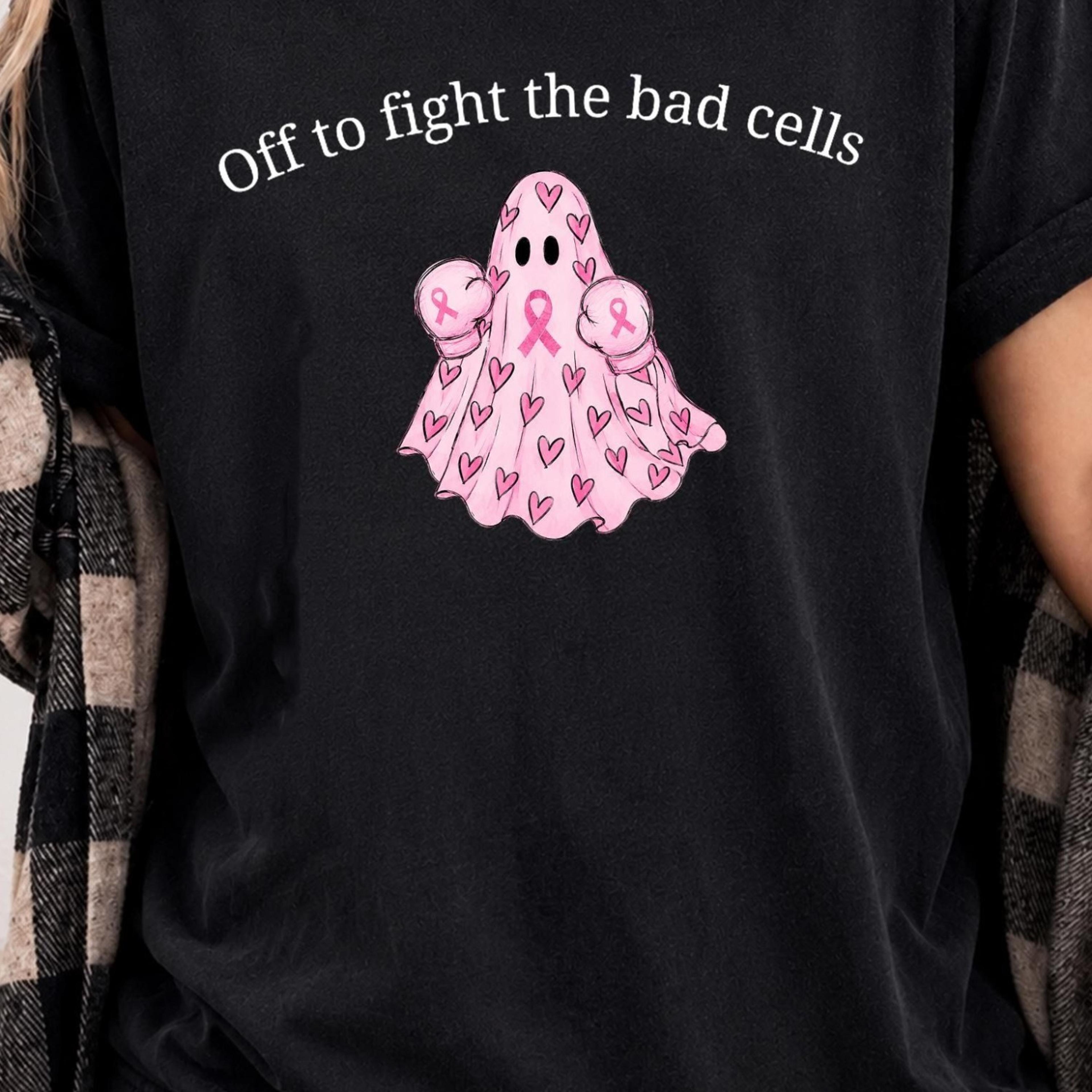 pink off to fight the bad cells ghost shirt, breast cancer awareness shirt, pink ribbon ghost tee, breast cancer survivo