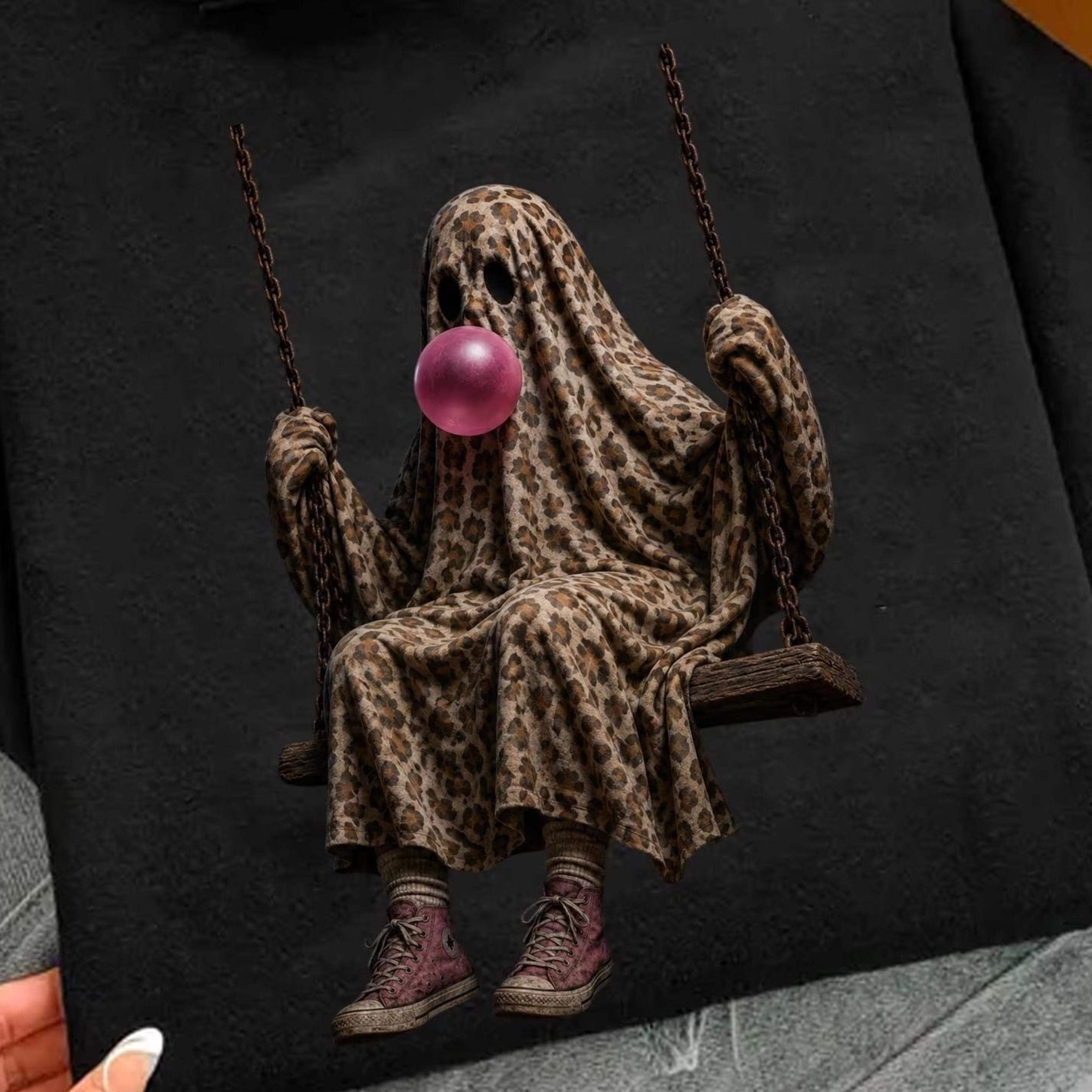 funny leopard ghost swing tee, bubble gum ghost halloween shirt, spooky season unisex sweatshirt, cute ha