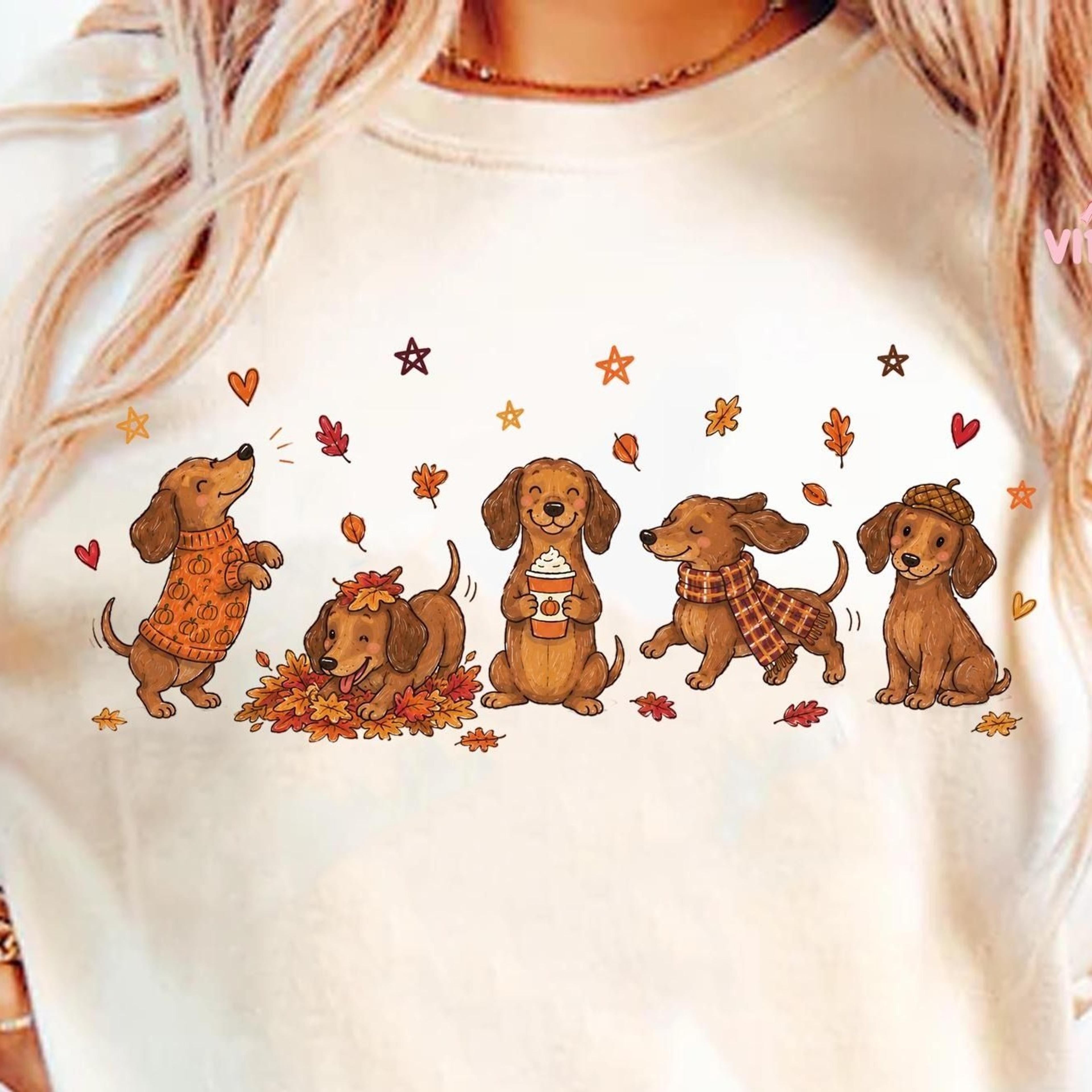 cute fall dachshund doodles shirt, cozy autumn wiener dog tee, pumpkin spice sausage dog shirt, puppy lov