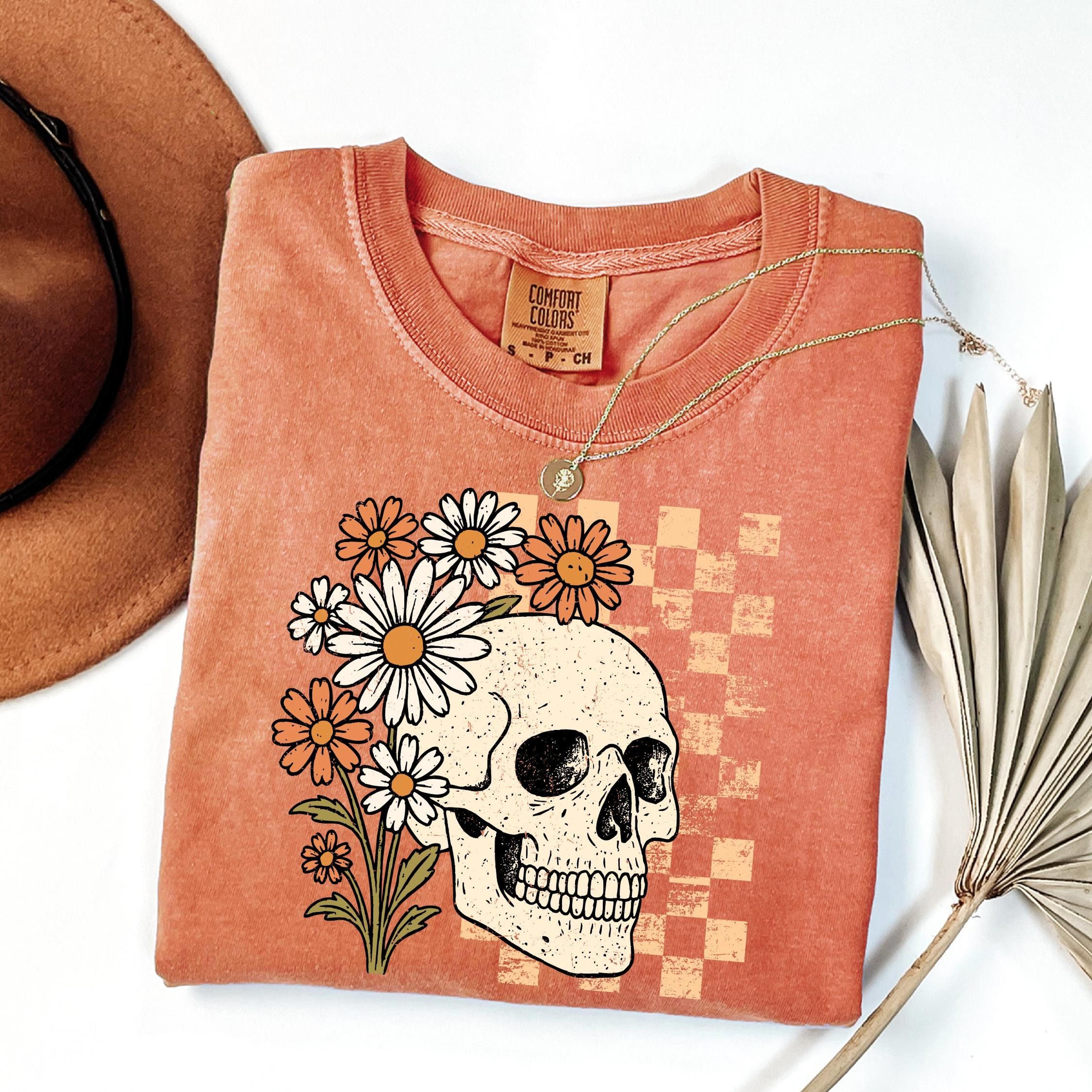 retro skull shirt, halloween skeleton shirt, floral skull shirt, womens halloween gift, spooky season
