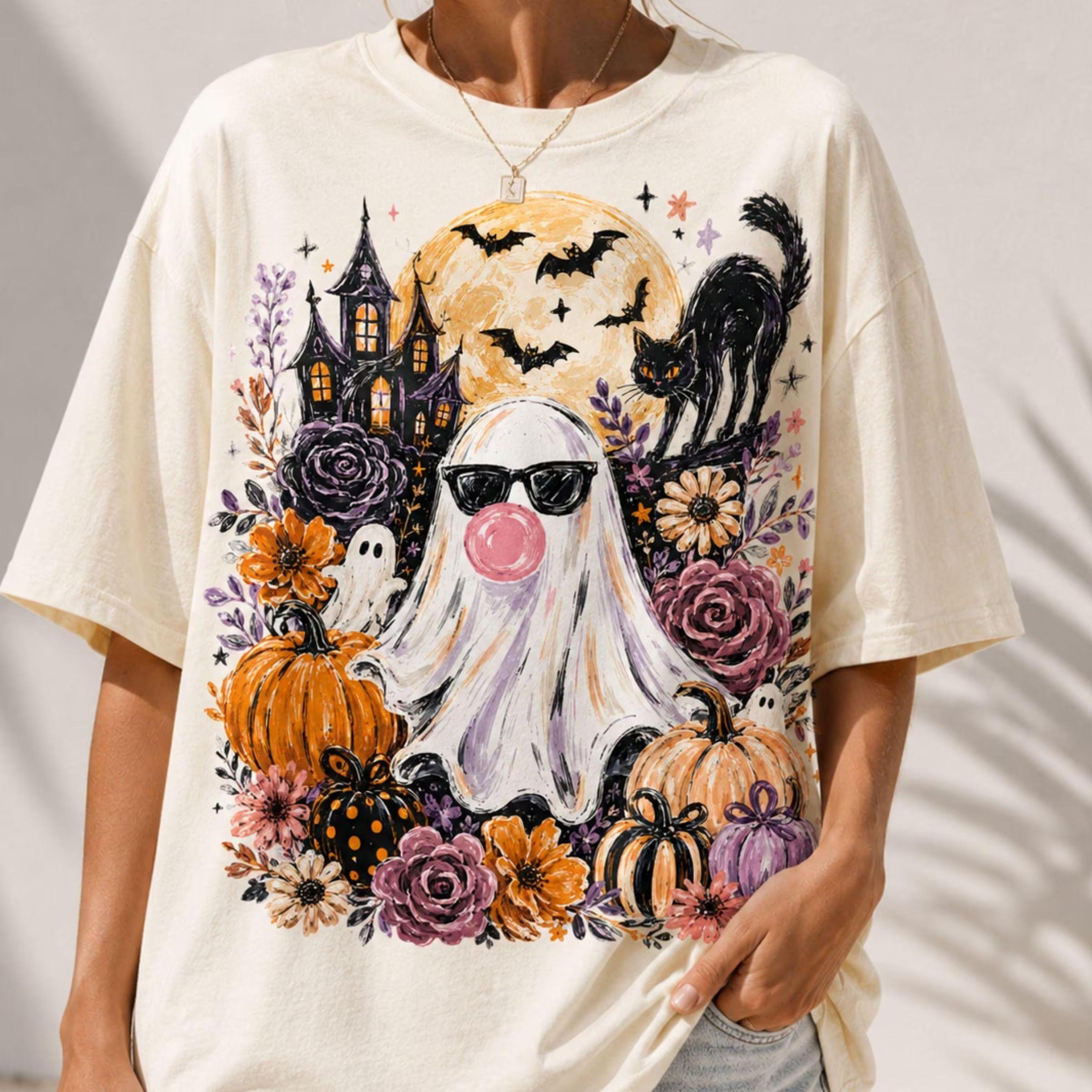 ghost blowing bubble gum shirt, cute halloween ghost tee, girly haunted house shirt, trendy floral pumpkin fall tee