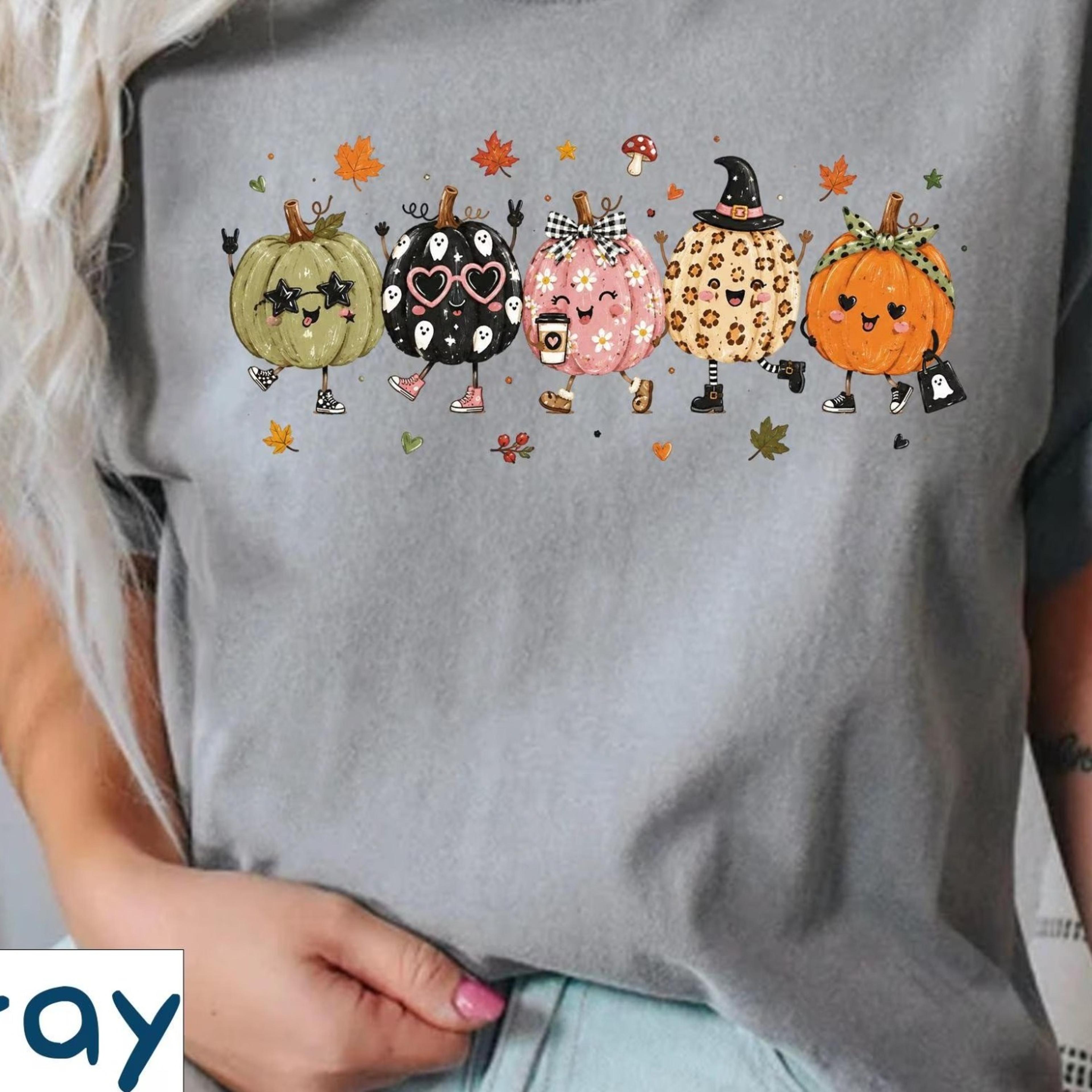 cute halloween pumpkins shirt kawaii pumpkin friends tee, spooky season fall graphic shirt, ghost pumpki