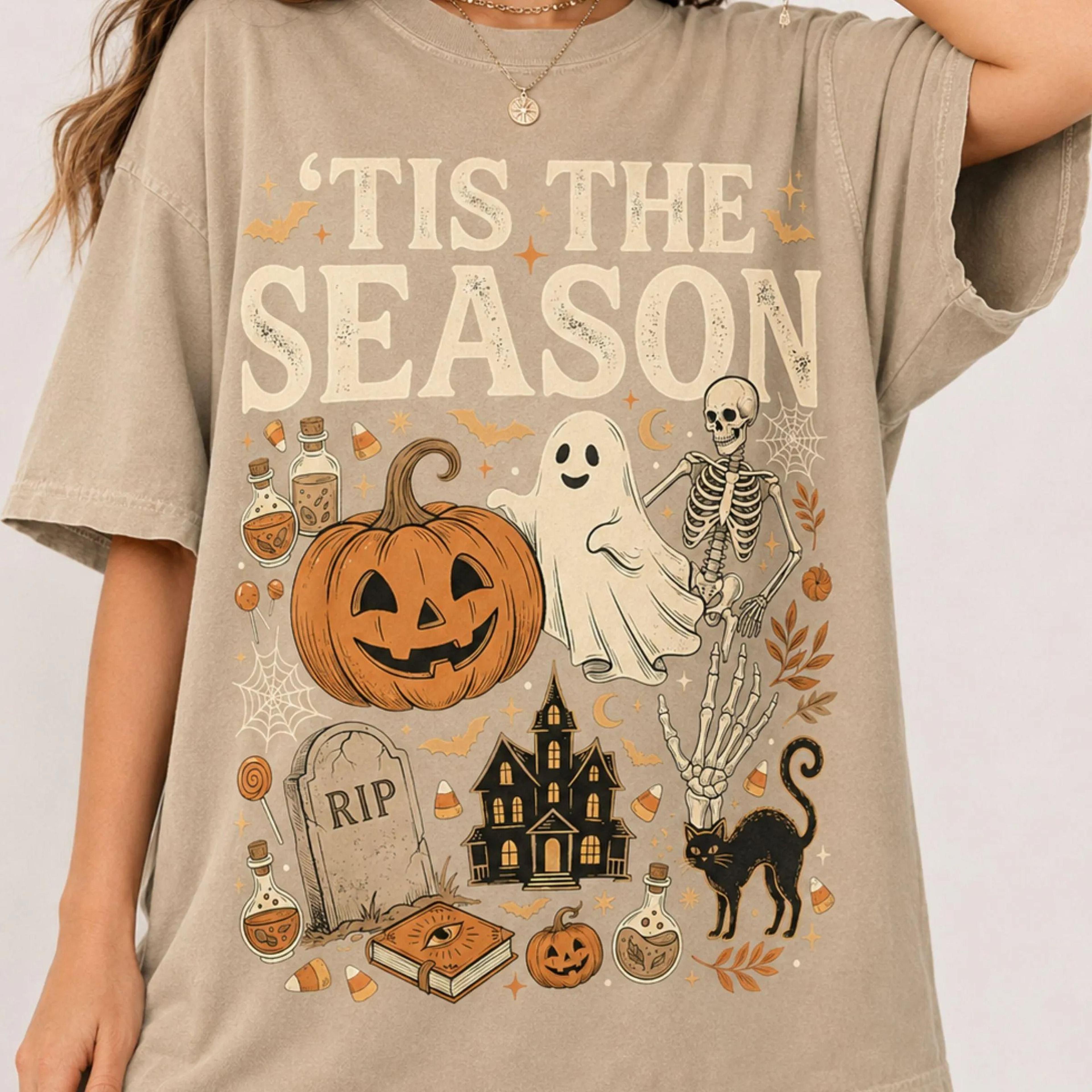 retro halloween shirt, 'tis the season skeleton ghost dtg print tee