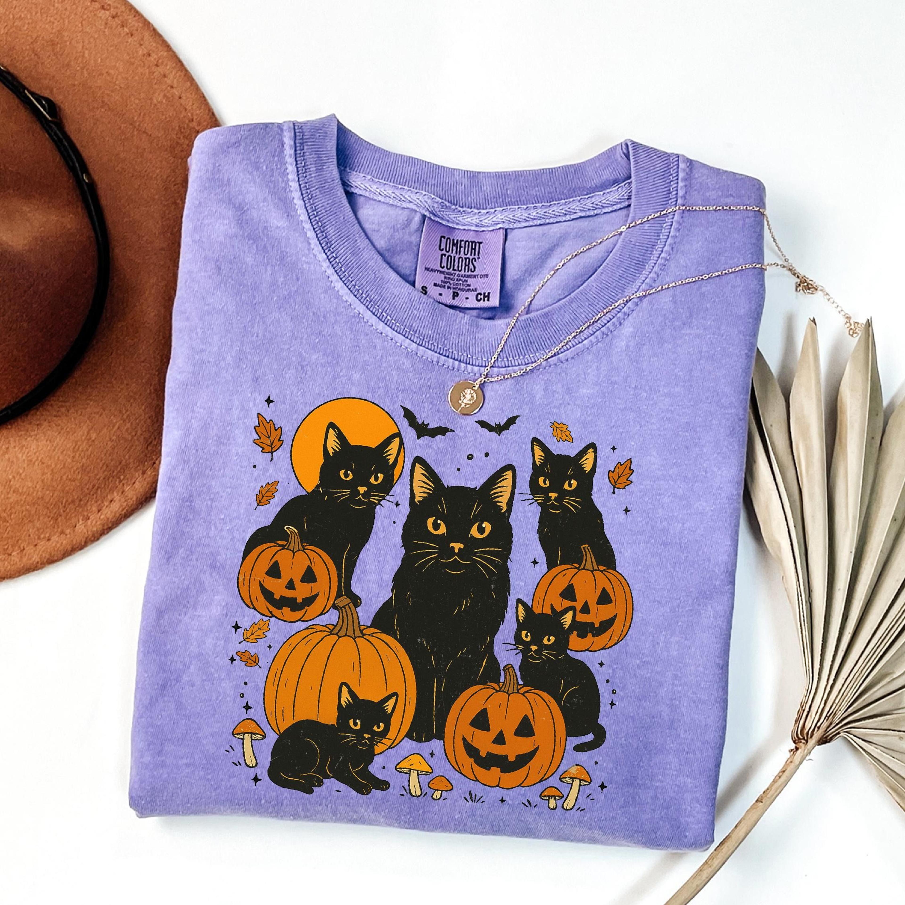 pumpkin and black cat shirt, halloween gift for cat lovers, fall pumpkin shirt, womens halloween gift, autumn cats crewn