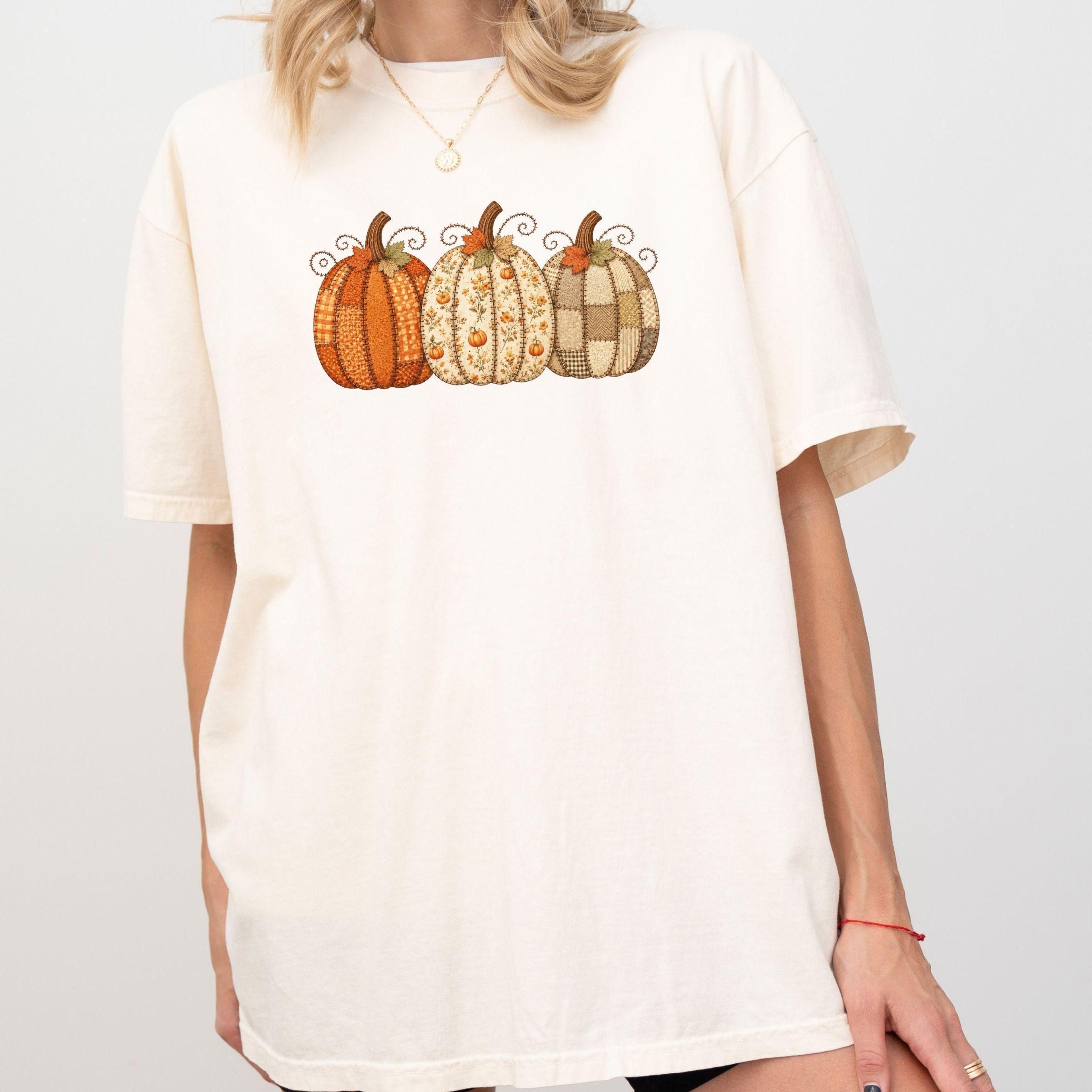 faux patchwork pumpkin shirt vintage autumn graphic tee, halloween patchwork t-shirt