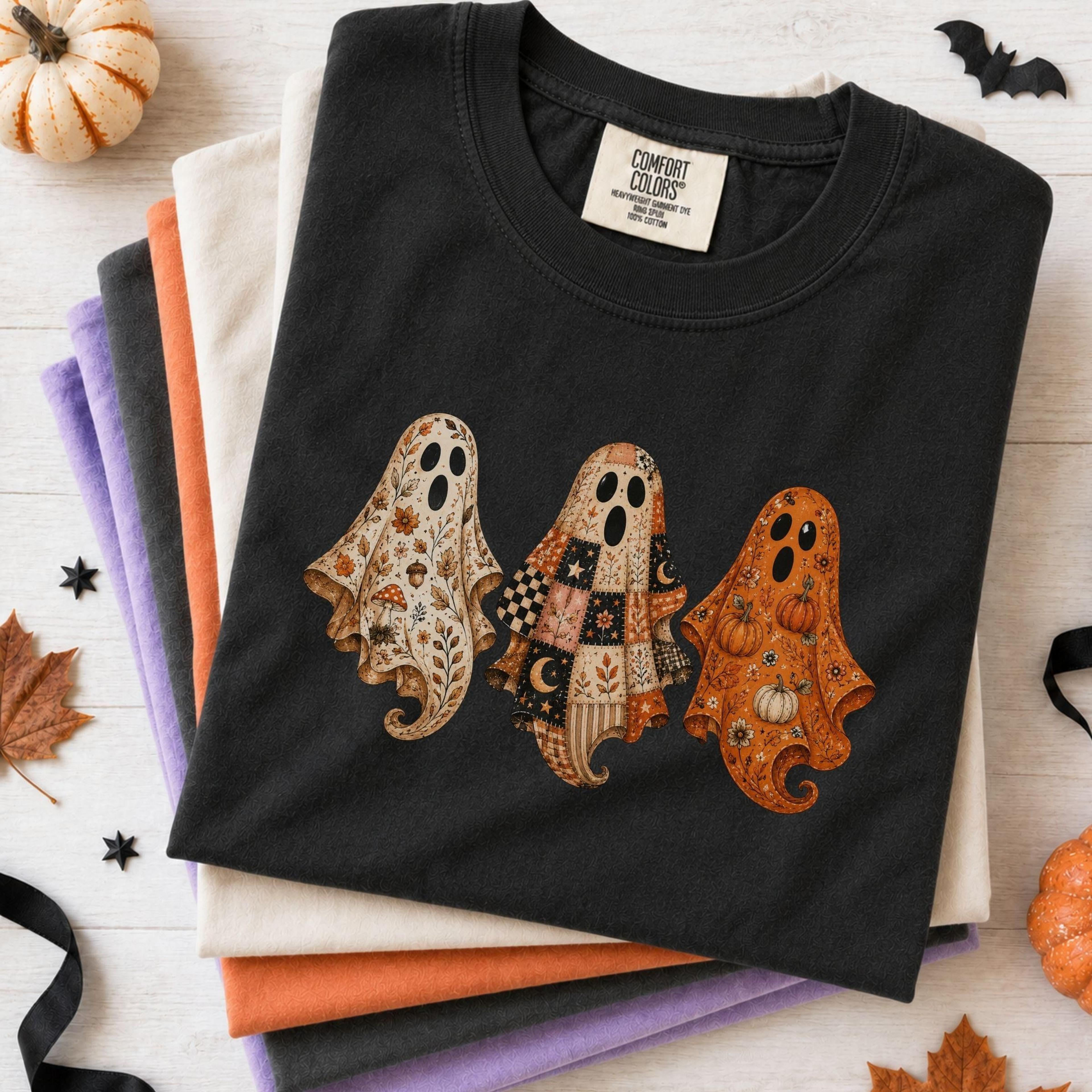 faux patchwork ghost tee vintage halloween patchwork design for cozy fall outfits and parties
