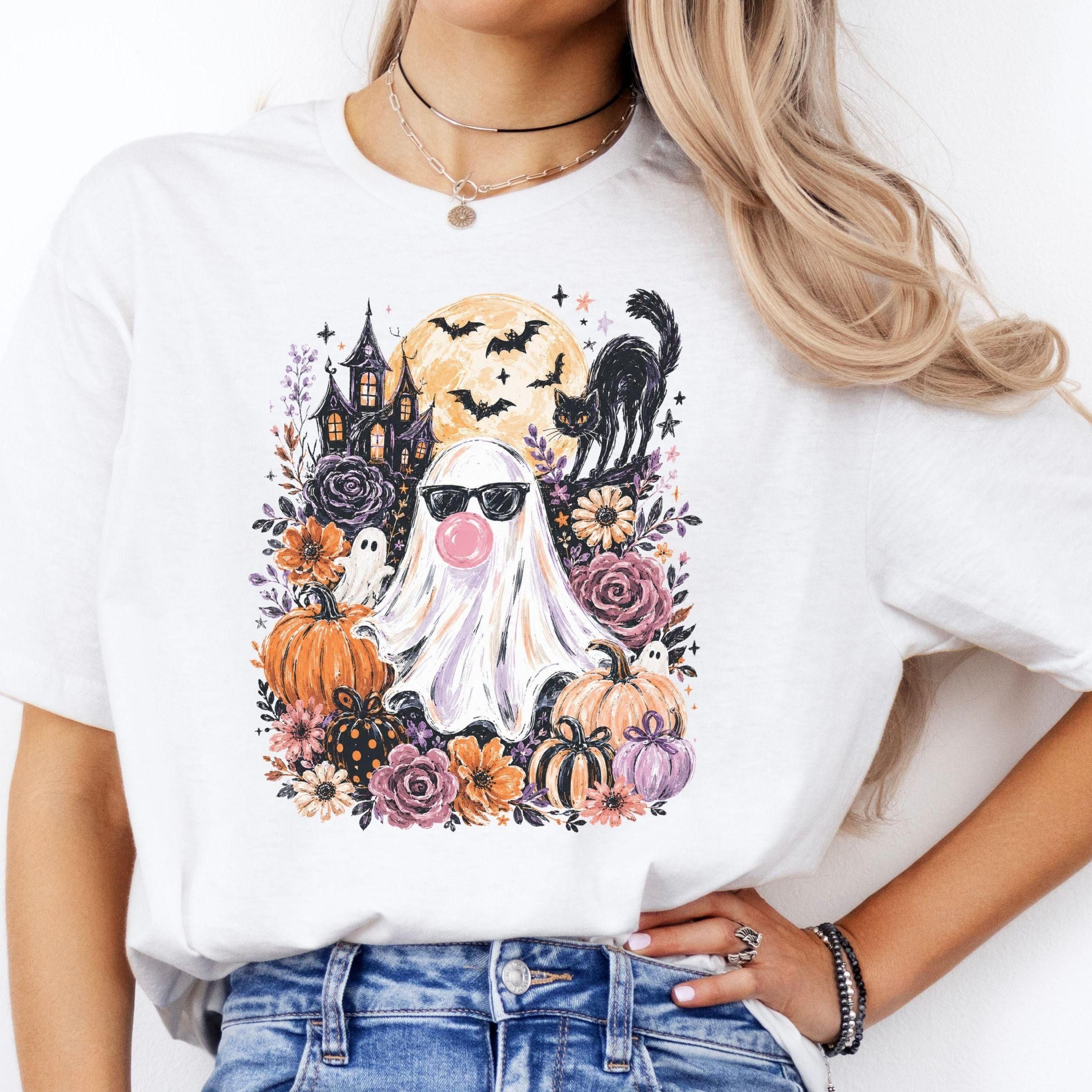 ghost blowing bubble gum shirt, cute halloween ghost tee, floral pumpkin shirt, girly haunted house fall t-shirt, spooky