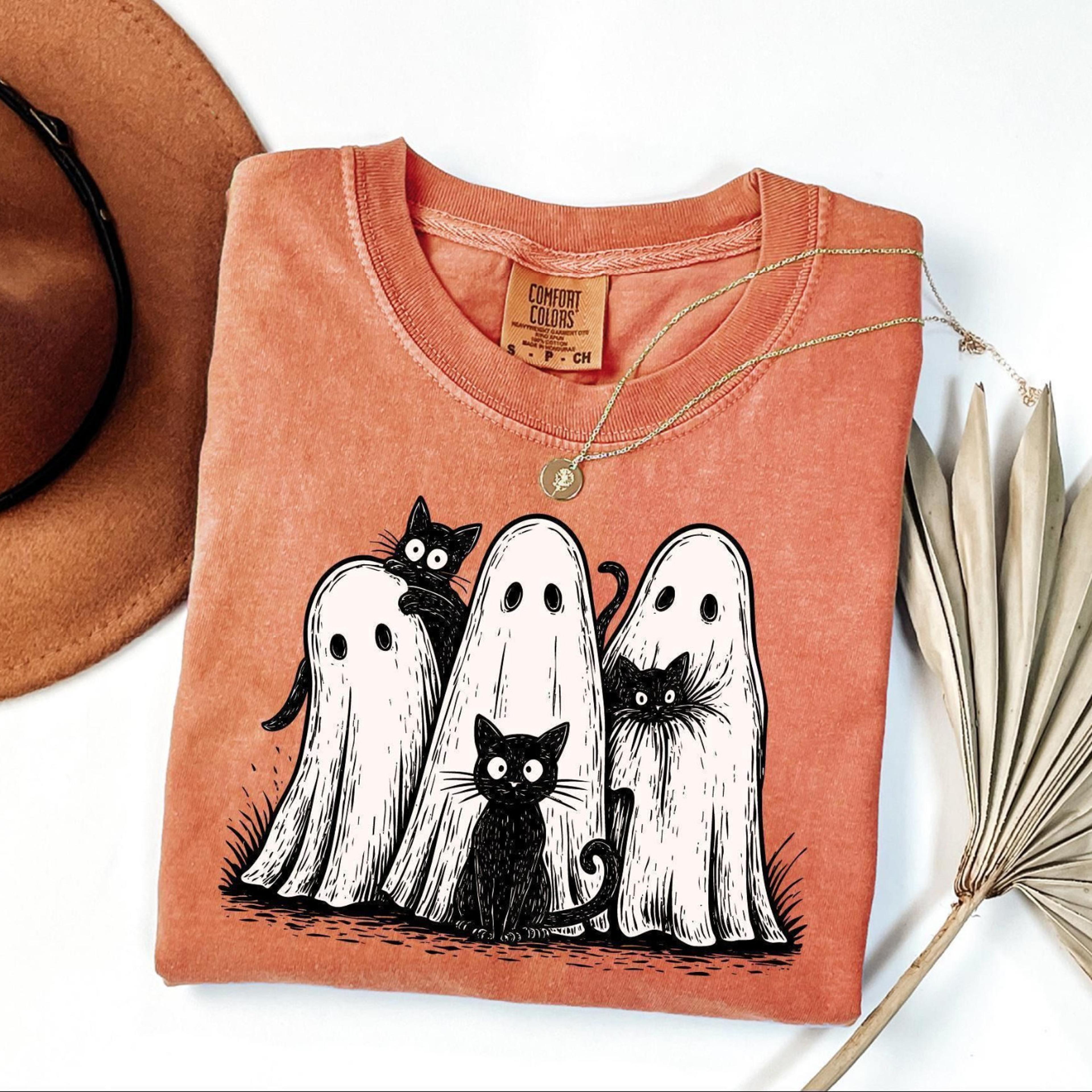 retro ghost & cat halloween shirt, spooky season tee, cat lover outfit