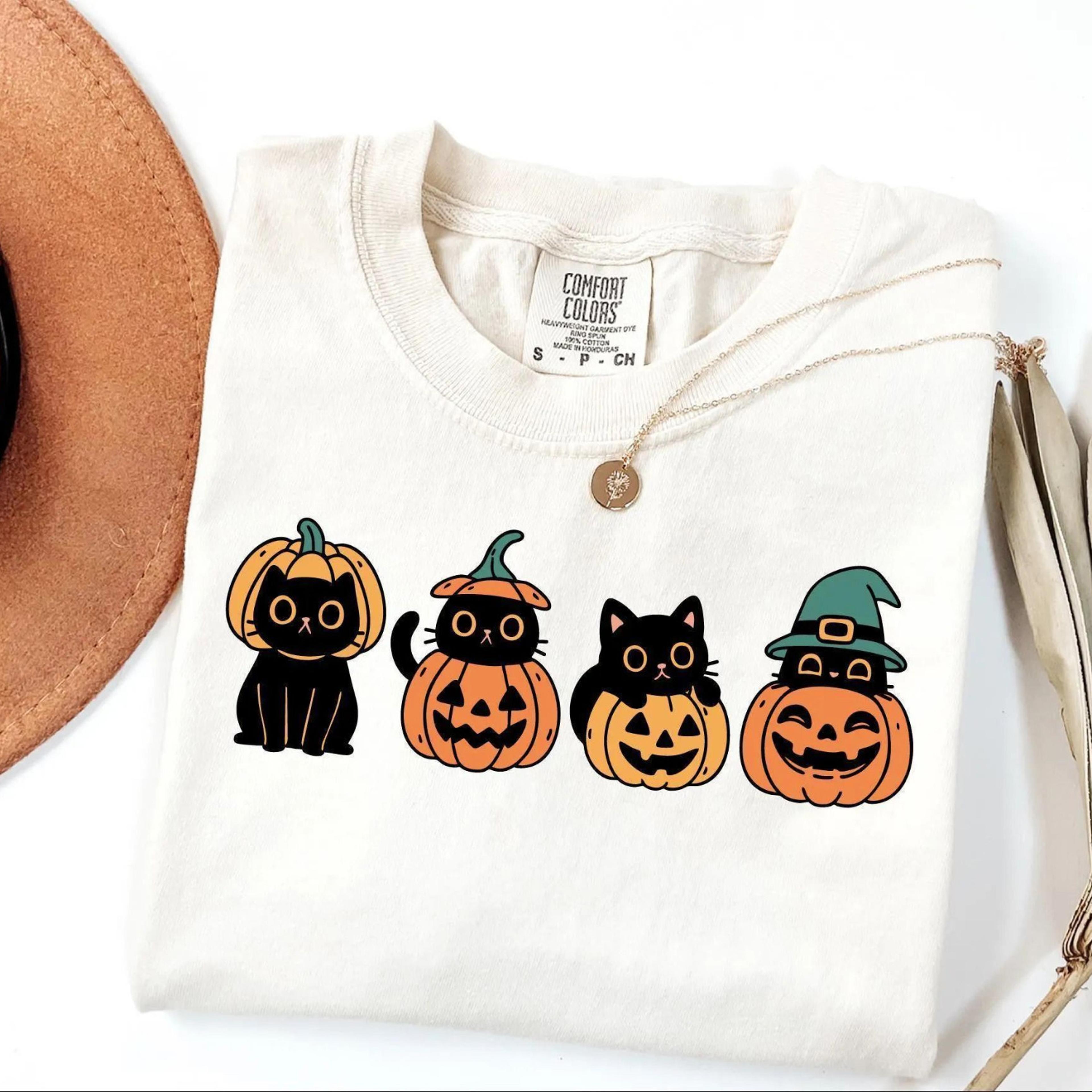 halloween cute cats pumpkin shirt spooky season ghost cat t-shirt, cat lover halloween gift
