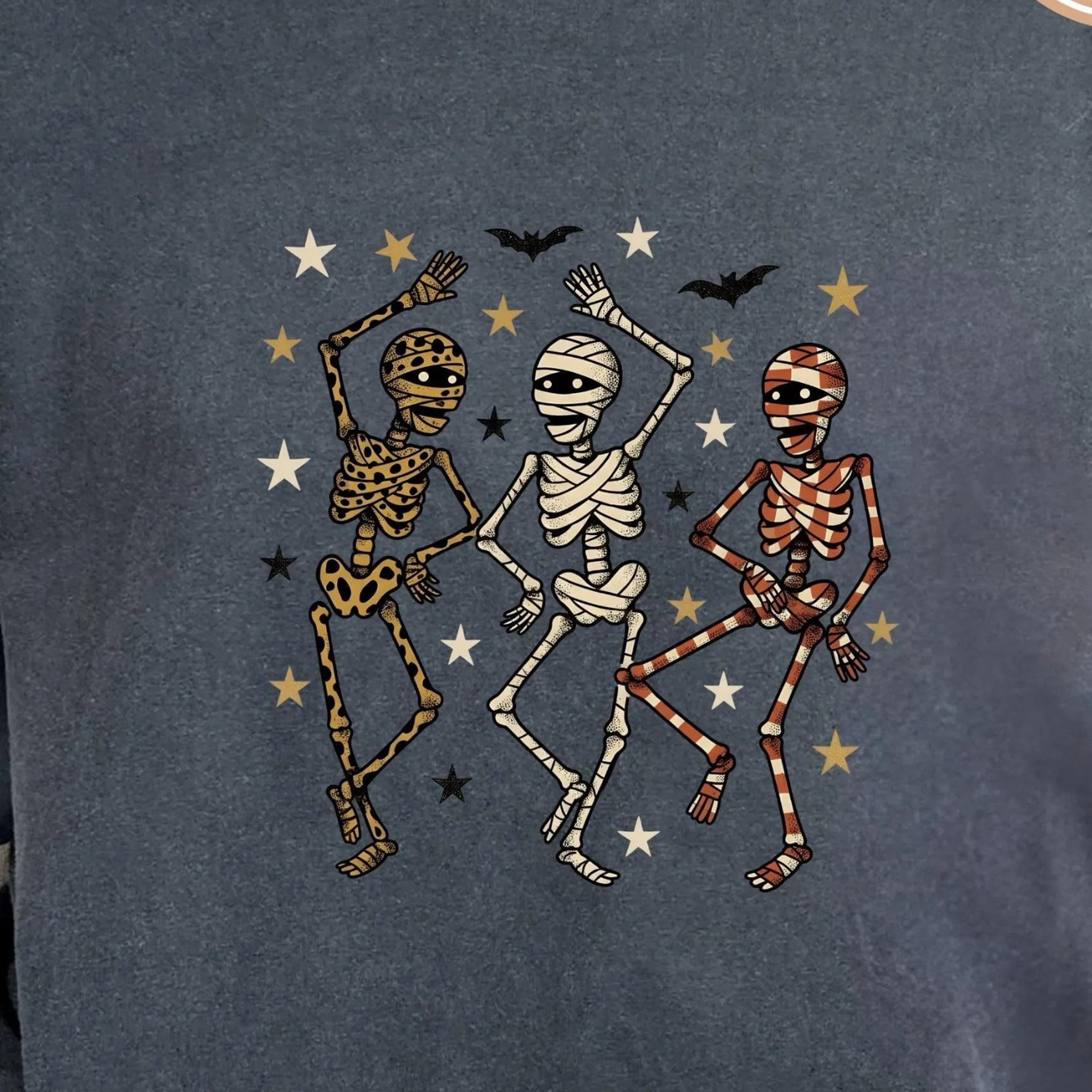 dancing mummies skeleton halloween t-shirt retro spooky season tee with bats cute fall party outfit gift