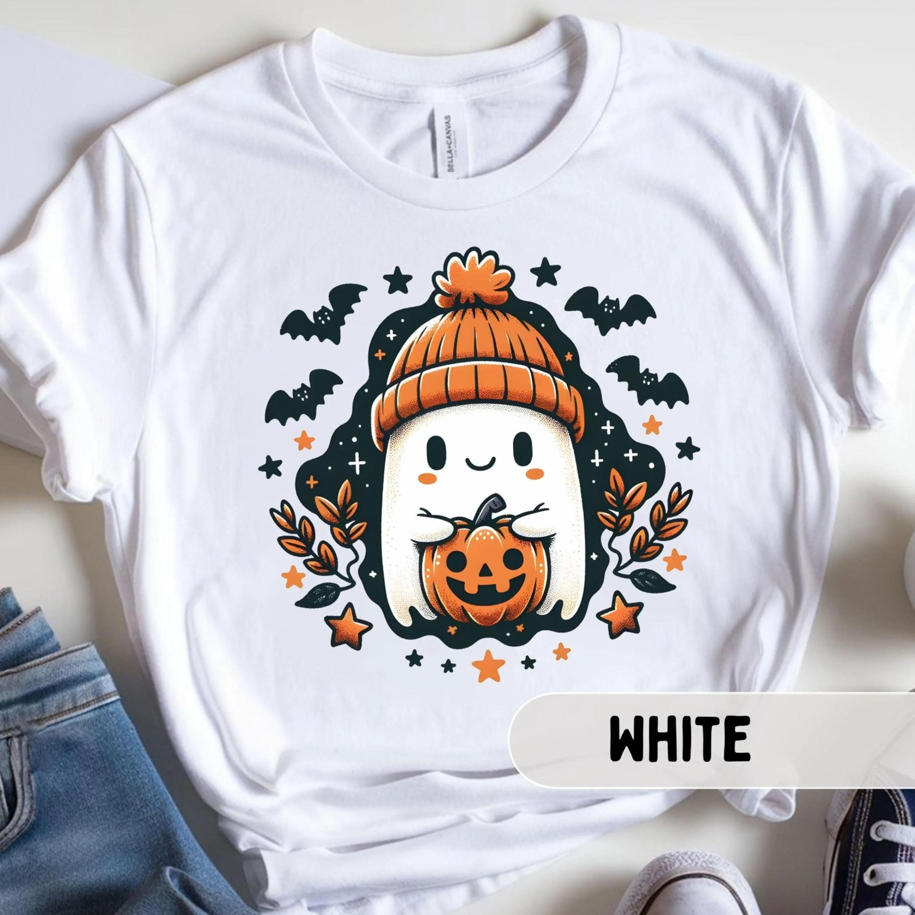 spooky cute halloween ghost in a hat with pumpkin bella canvas tee, fall nights with stars and bats shirt, cute ghost, j