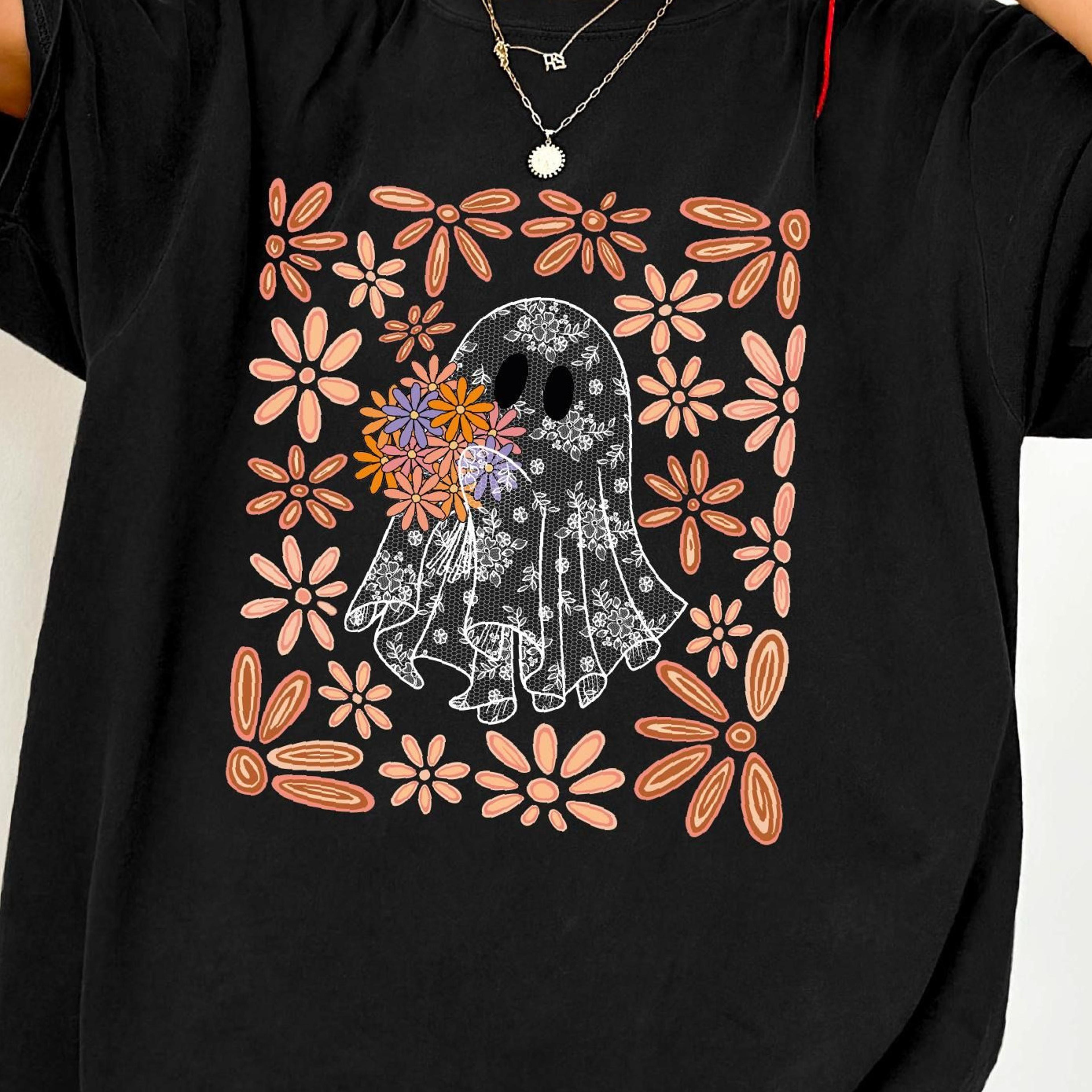 retro floral ghost shirt, womens halloween ghost t-shirt, spooky season gift