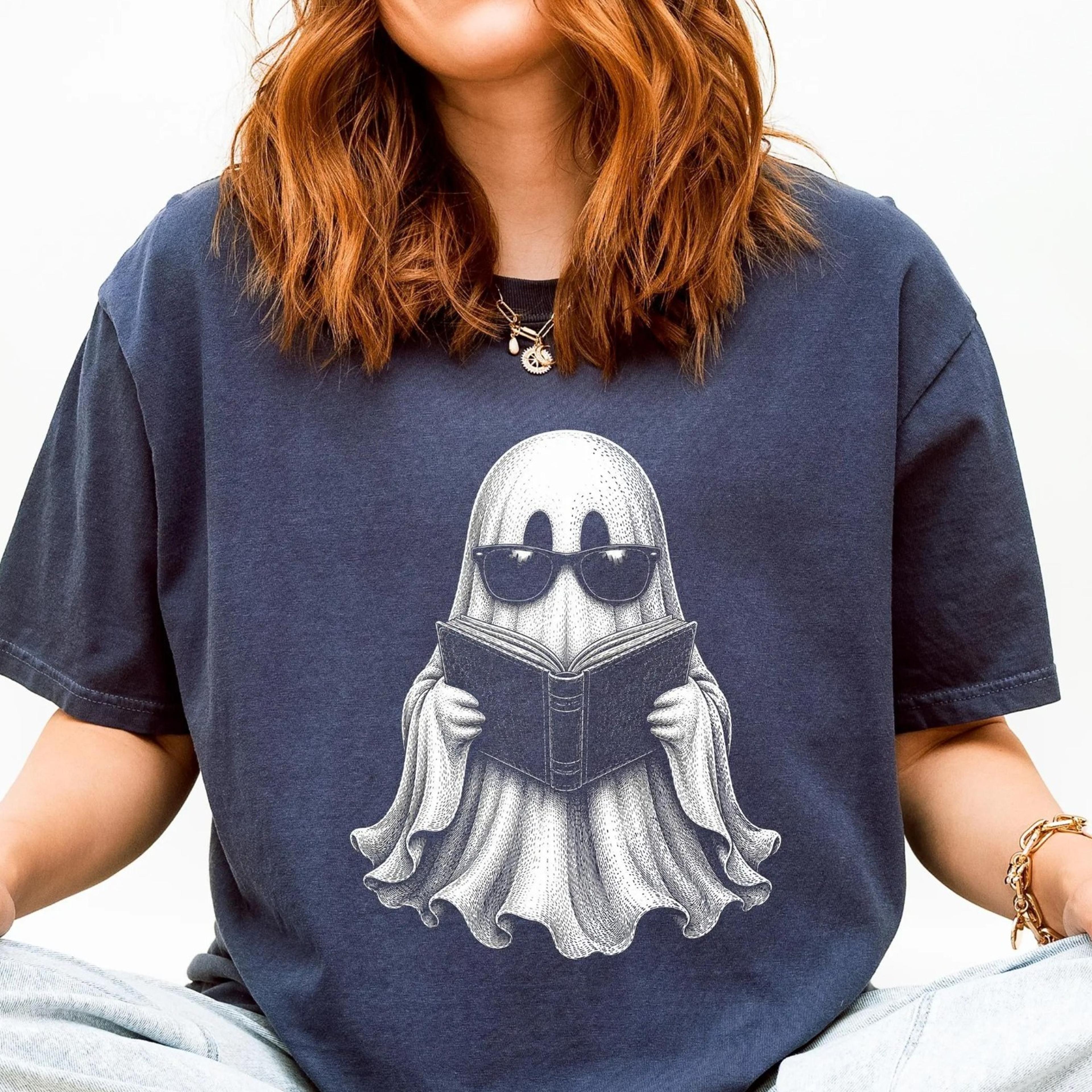 ghost reading book shirt, spooky book lover tee, halloween ghost shirt, librarian shirt, reading teacher gift, book club