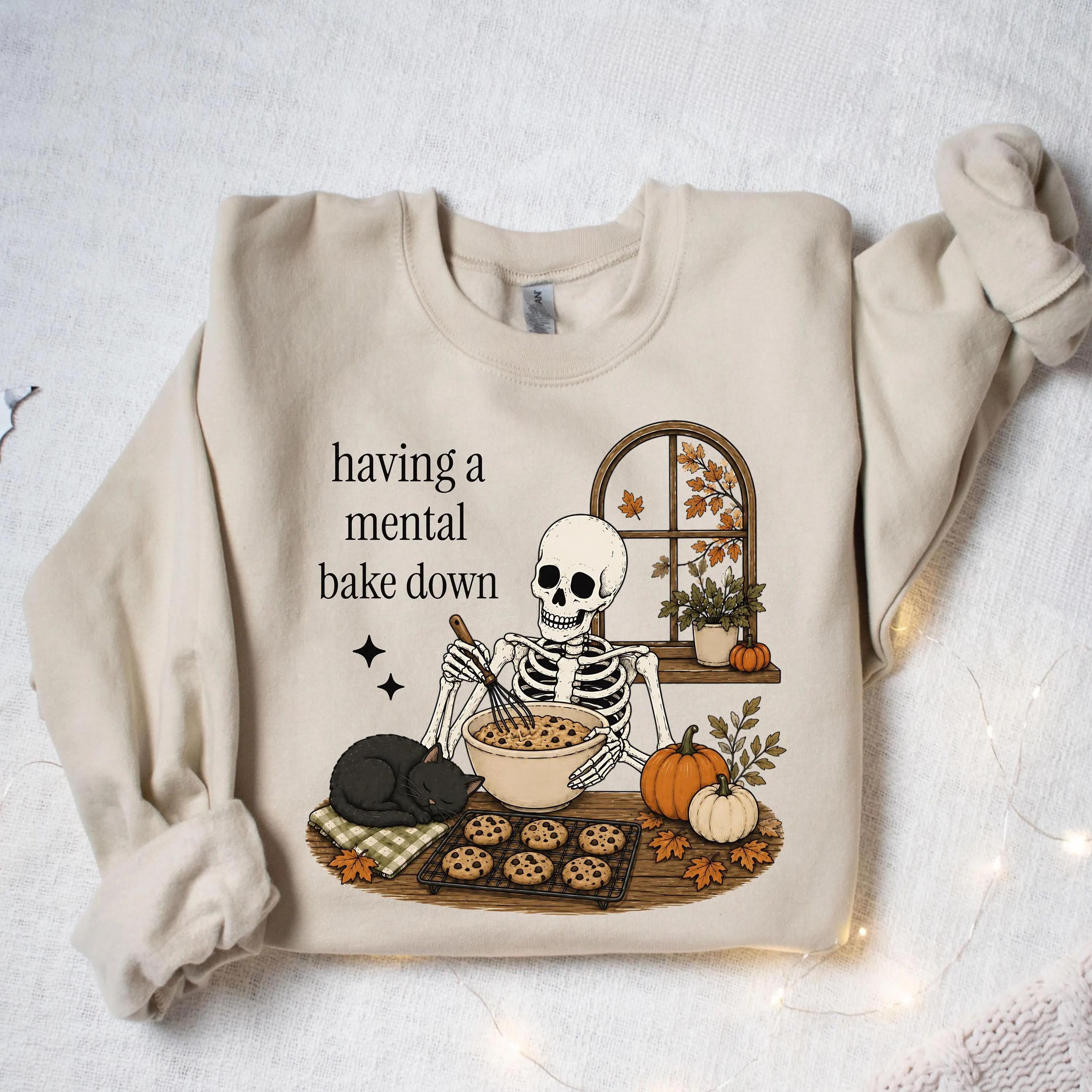 funny baking skeleton tee, halloween baking skeleton shirt,having a mental bake down shirt, cookie baker gift, fall baki